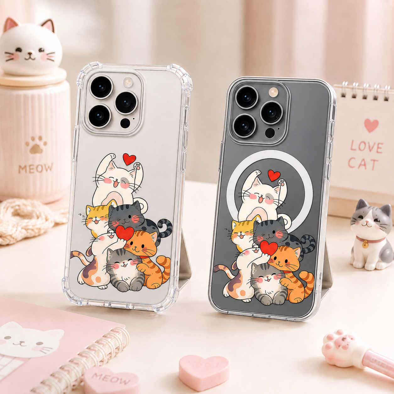 Cute Cat Family iPhone Case , Samsung Case, Kawaii Kitty Clear Phone Case, MagSafe Compatible Cat Lover Gift Cover
