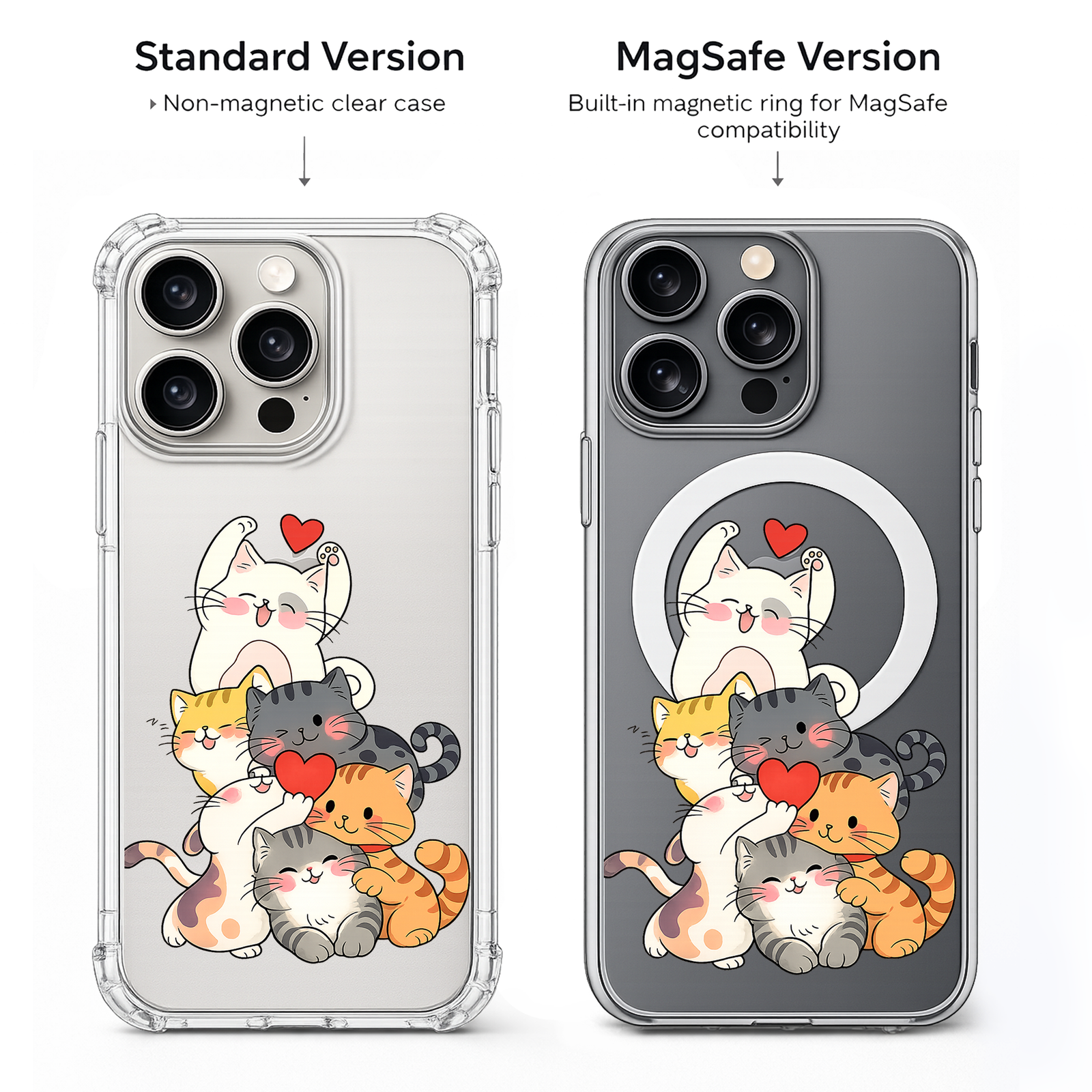 Cute Cat Family iPhone Case , Samsung Case, Kawaii Kitty Clear Phone Case, MagSafe Compatible Cat Lover Gift Cover