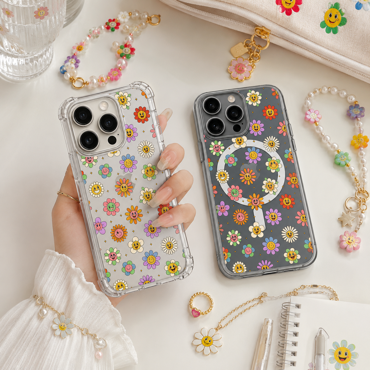 Smiley Flower iPhone Case , Samsung Case, Retro Floral Clear Phone Case, MagSafe Compatible Cute Daisy Phone Cover