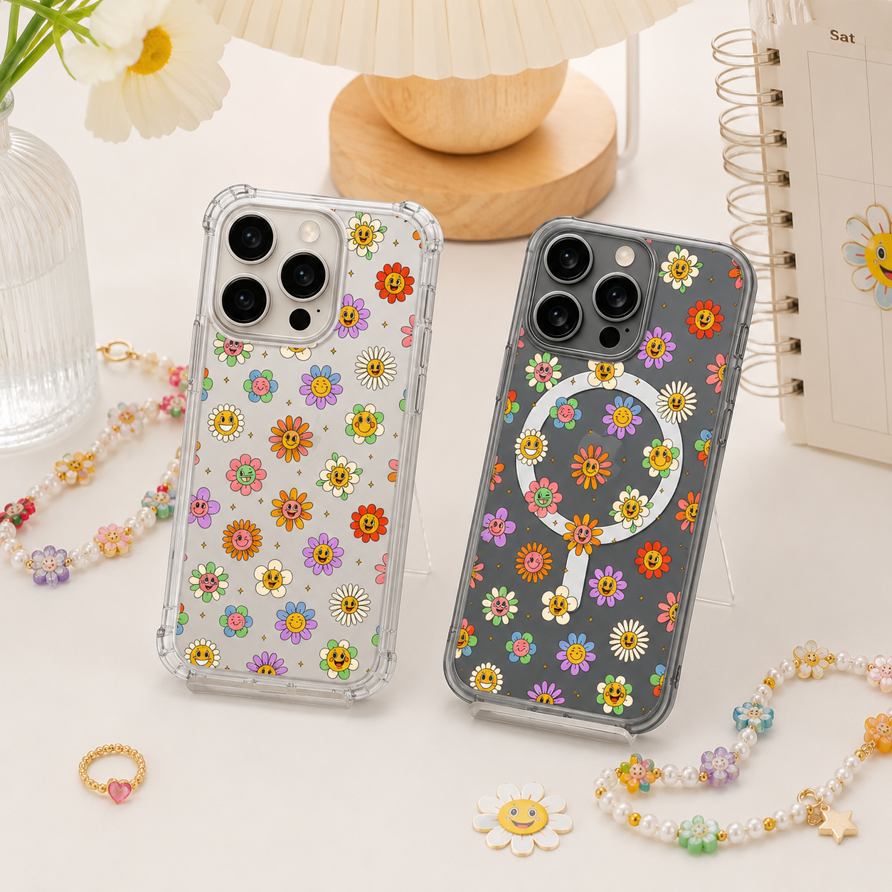 Smiley Flower iPhone Case , Samsung Case, Retro Floral Clear Phone Case, MagSafe Compatible Cute Daisy Phone Cover
