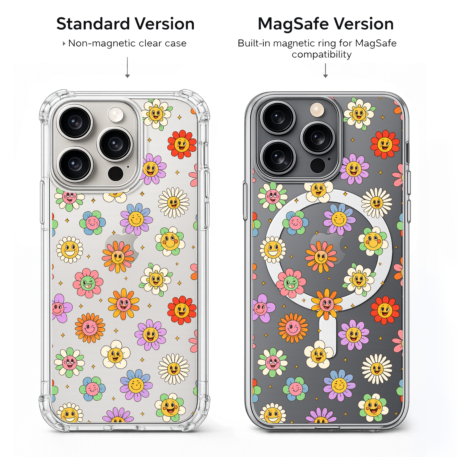 Smiley Flower iPhone Case , Samsung Case, Retro Floral Clear Phone Case, MagSafe Compatible Cute Daisy Phone Cover