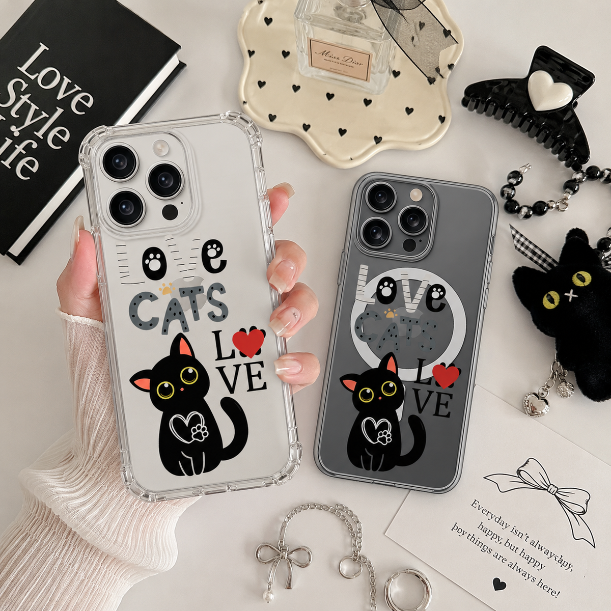 Love Cats iPhone Case , Samsung Case, Cute Black Cat Clear Phone Case, MagSafe Compatible Cat Lover Gift Cover