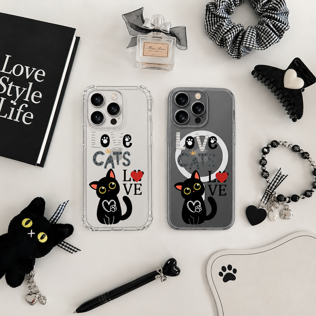 Love Cats iPhone Case , Samsung Case, Cute Black Cat Clear Phone Case, MagSafe Compatible Cat Lover Gift Cover