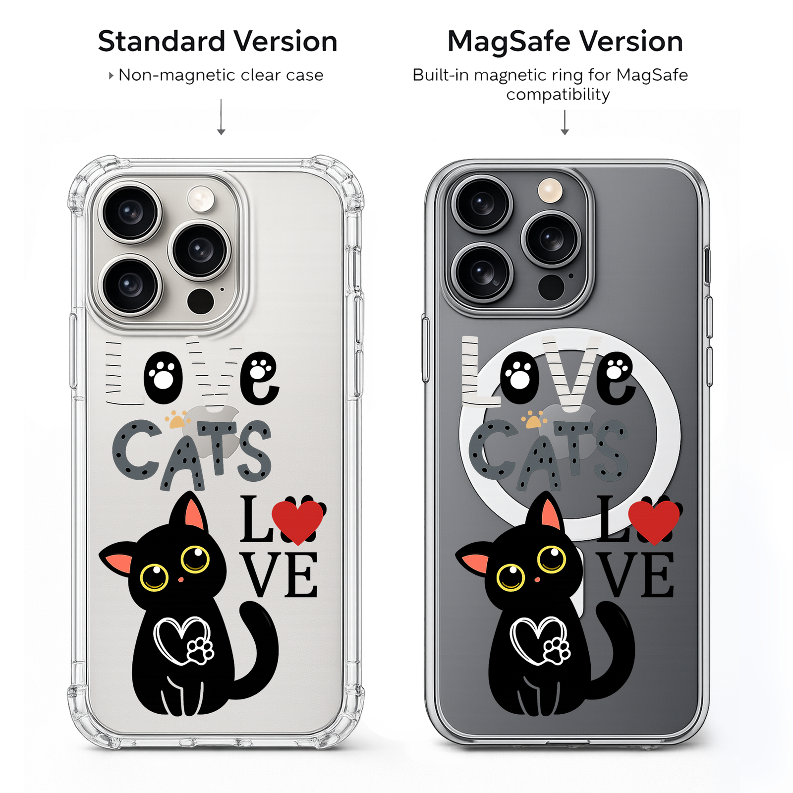 Love Cats iPhone Case , Samsung Case, Cute Black Cat Clear Phone Case, MagSafe Compatible Cat Lover Gift Cover
