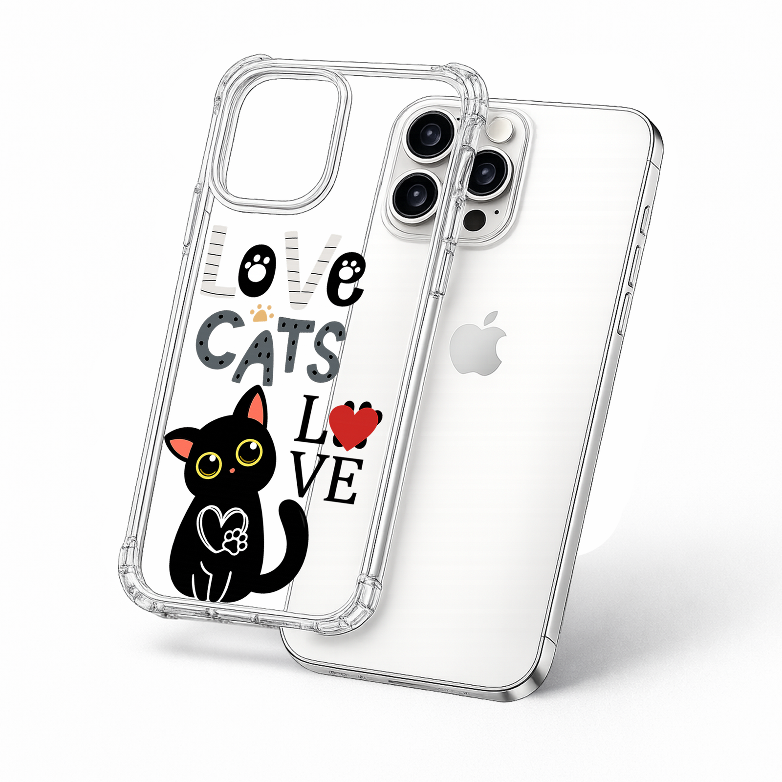Love Cats iPhone Case , Samsung Case, Cute Black Cat Clear Phone Case, MagSafe Compatible Cat Lover Gift Cover