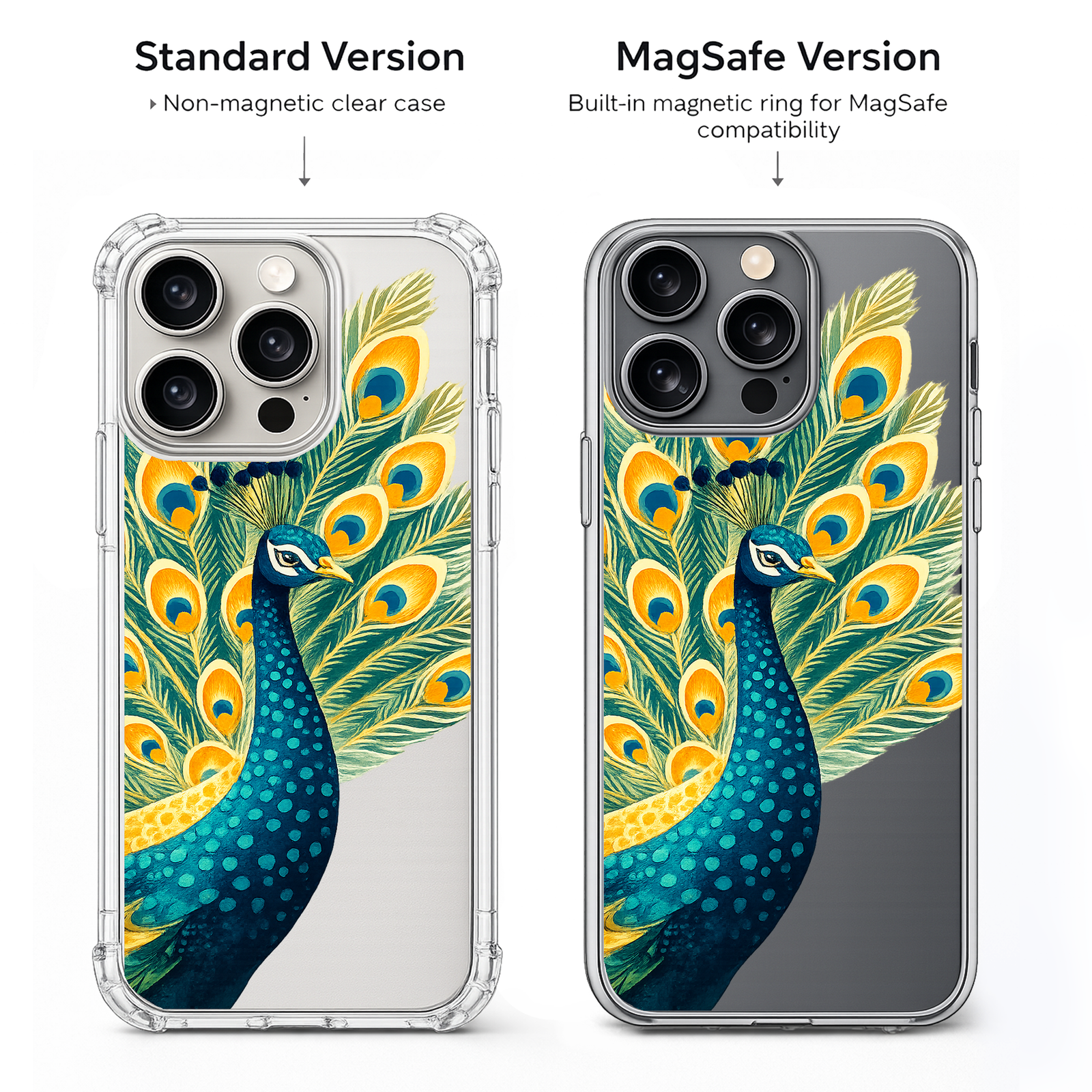 Peacock Feather iPhone Case , Samsung Case, Elegant Bird Clear Phone Case, MagSafe Compatible Boho Animal Phone Cover
