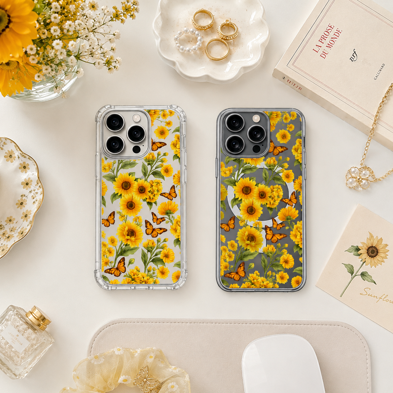Sunflower Butterfly iPhone Case , Samsung Case, Floral Clear Phone Case, MagSafe Compatible Yellow Flower Phone Cover