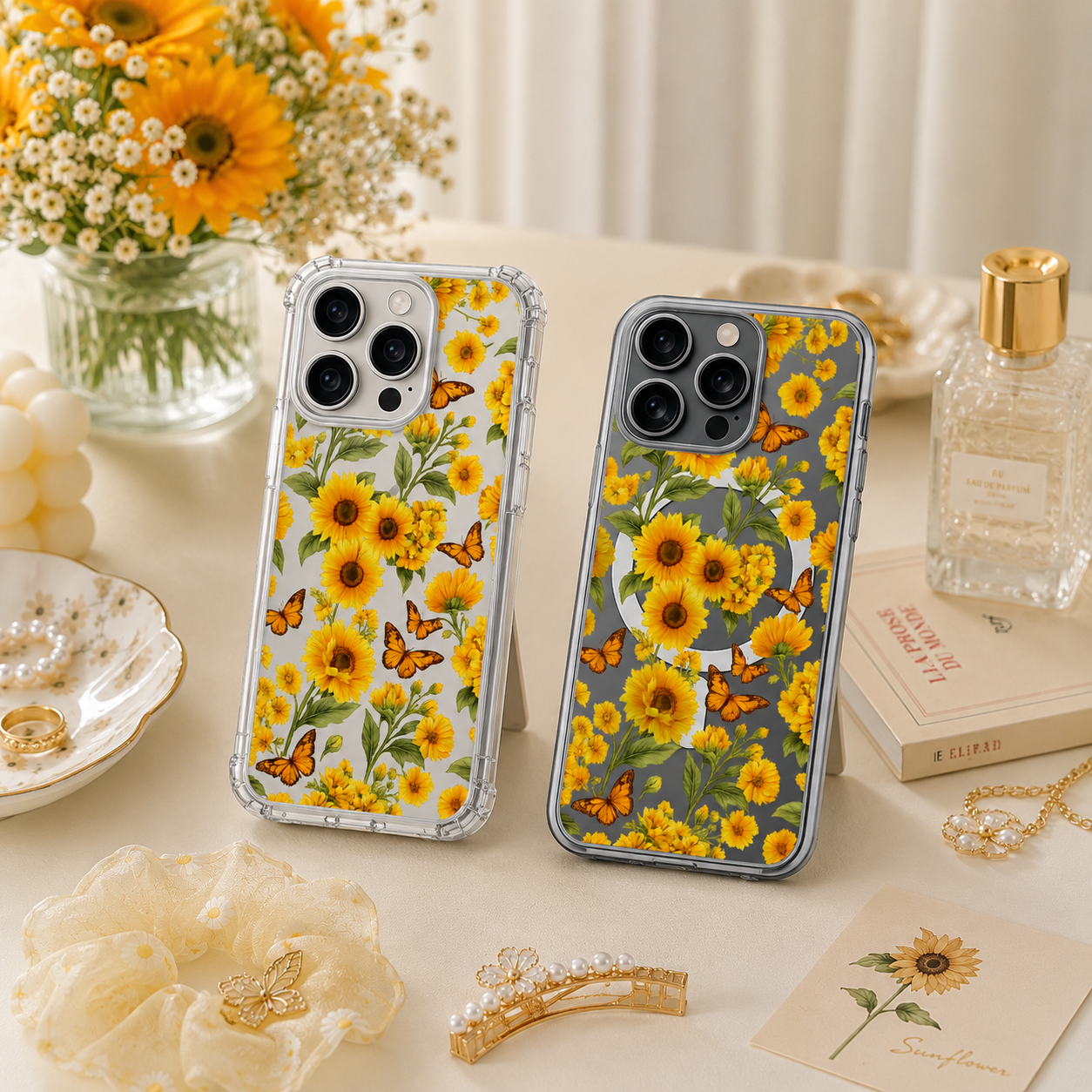 Sunflower Butterfly iPhone Case , Samsung Case, Floral Clear Phone Case, MagSafe Compatible Yellow Flower Phone Cover