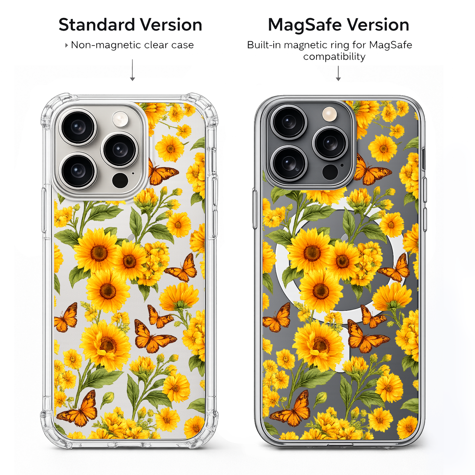 Sunflower Butterfly iPhone Case , Samsung Case, Floral Clear Phone Case, MagSafe Compatible Yellow Flower Phone Cover