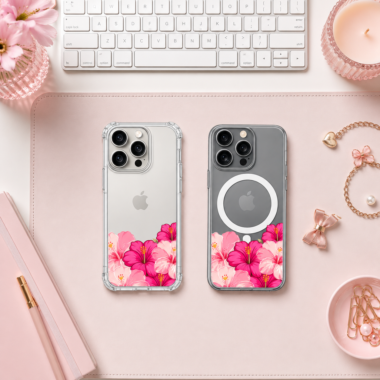 Pink Hibiscus iPhone Case , Samsung Case, Tropical Floral Clear Phone Case, MagSafe Compatible Hawaiian Flower Cover