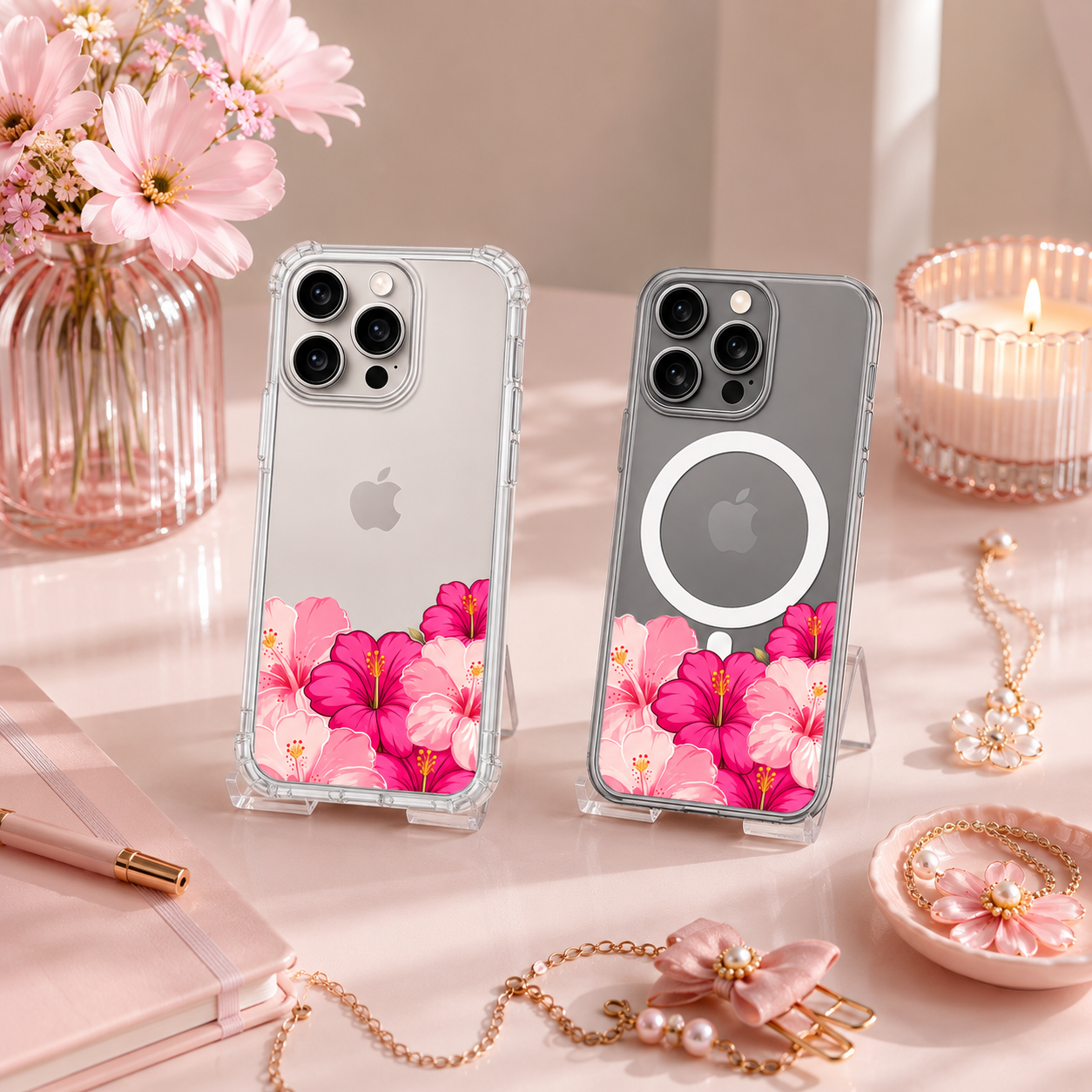Pink Hibiscus iPhone Case , Samsung Case, Tropical Floral Clear Phone Case, MagSafe Compatible Hawaiian Flower Cover