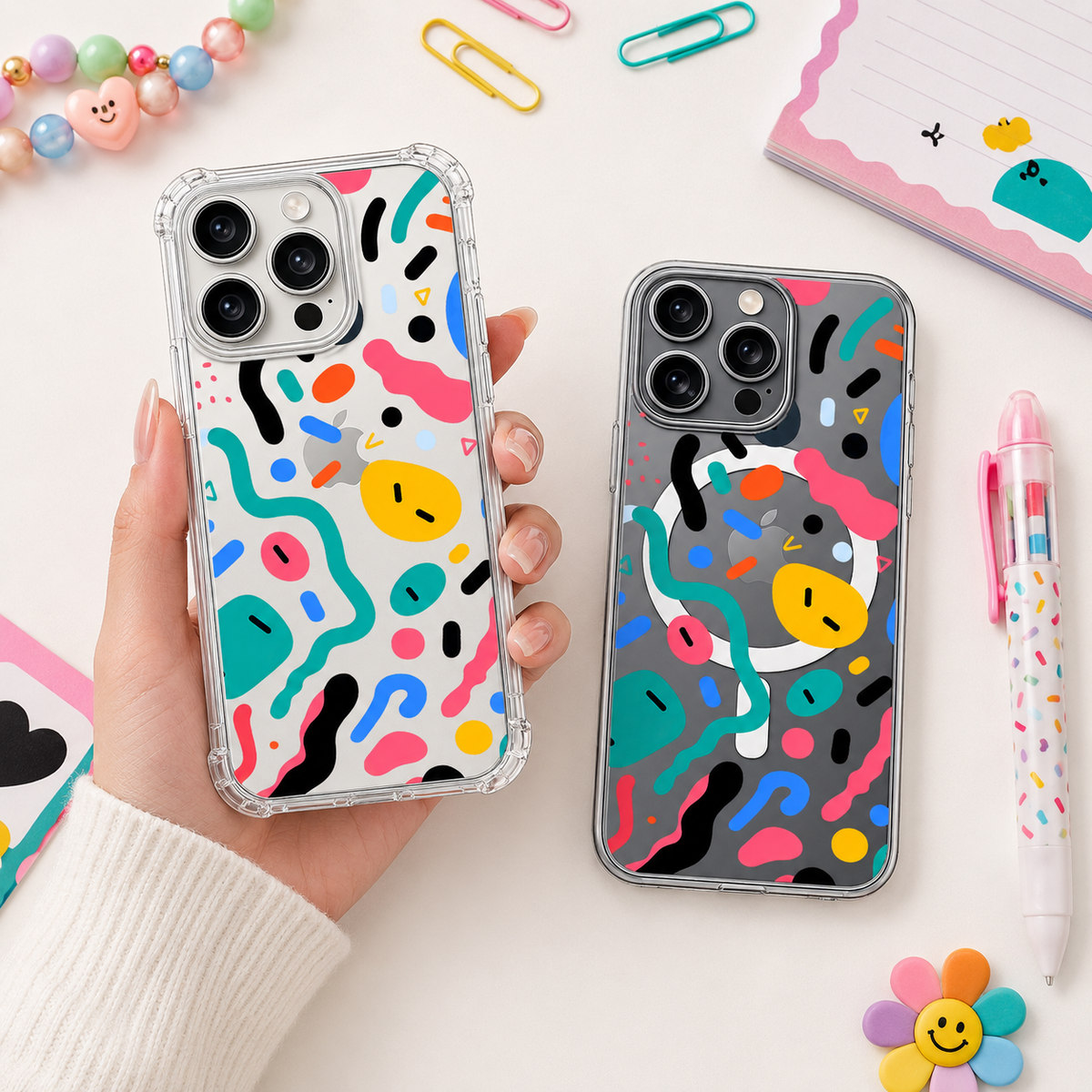 Abstract Colorful iPhone Case , Samsung Case, Memphis Pattern Clear Phone Case, MagSafe Compatible Modern Art Phone Cover
