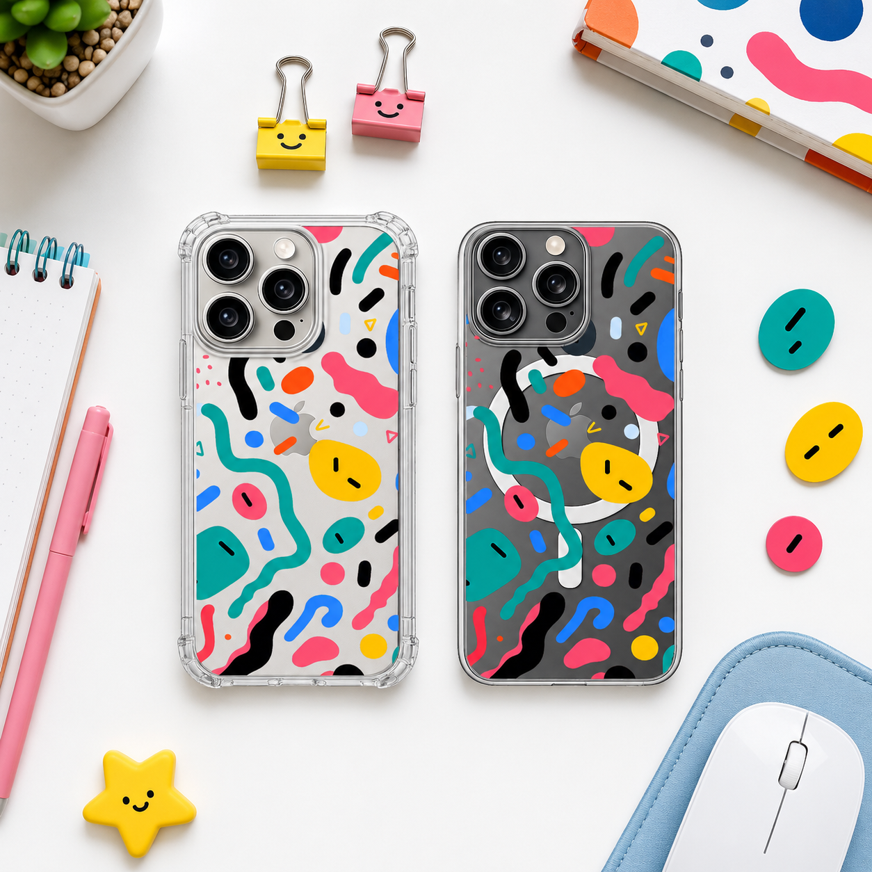 Abstract Colorful iPhone Case , Samsung Case, Memphis Pattern Clear Phone Case, MagSafe Compatible Modern Art Phone Cover