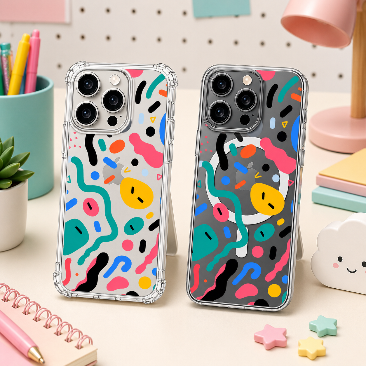Abstract Colorful iPhone Case , Samsung Case, Memphis Pattern Clear Phone Case, MagSafe Compatible Modern Art Phone Cover