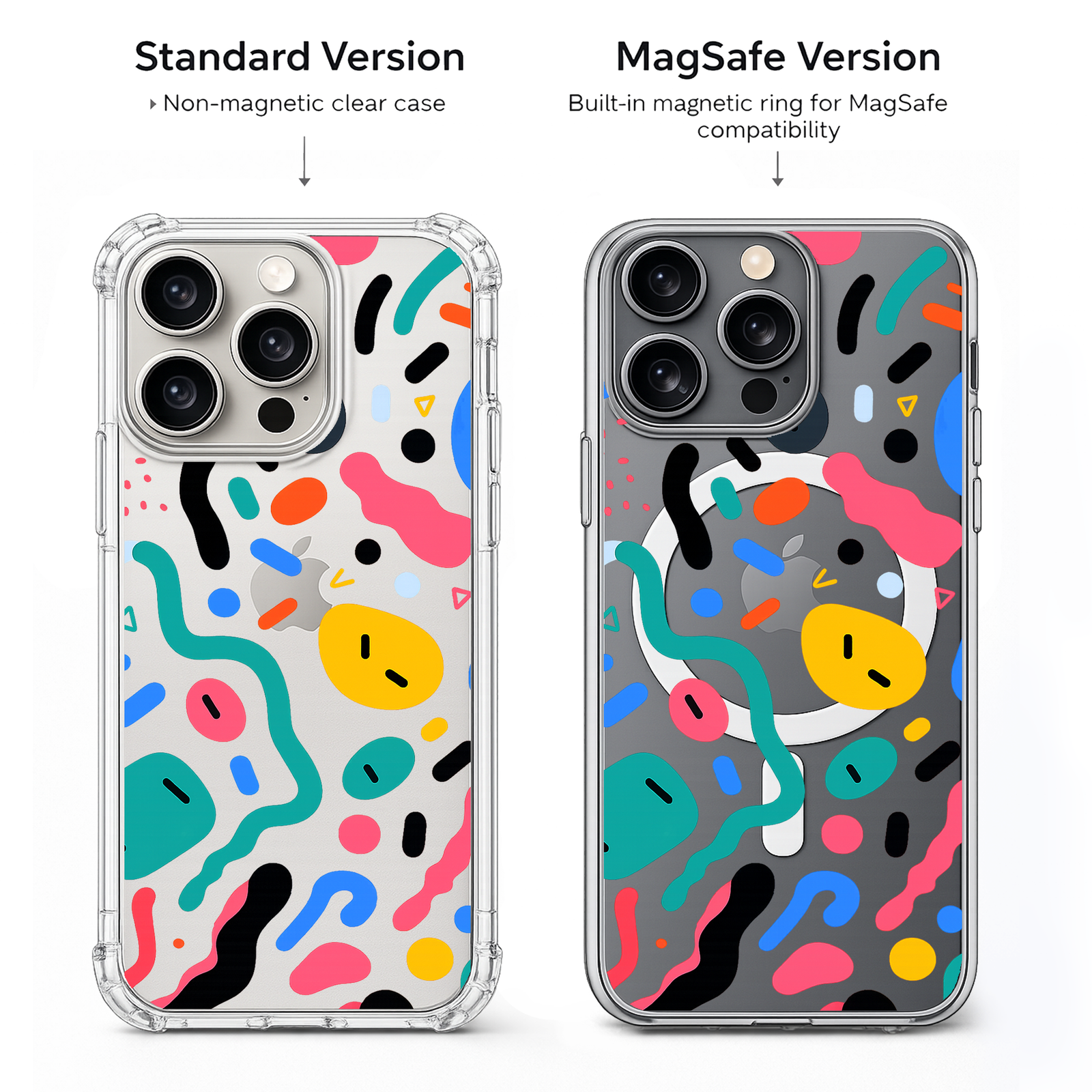 Abstract Colorful iPhone Case , Samsung Case, Memphis Pattern Clear Phone Case, MagSafe Compatible Modern Art Phone Cover