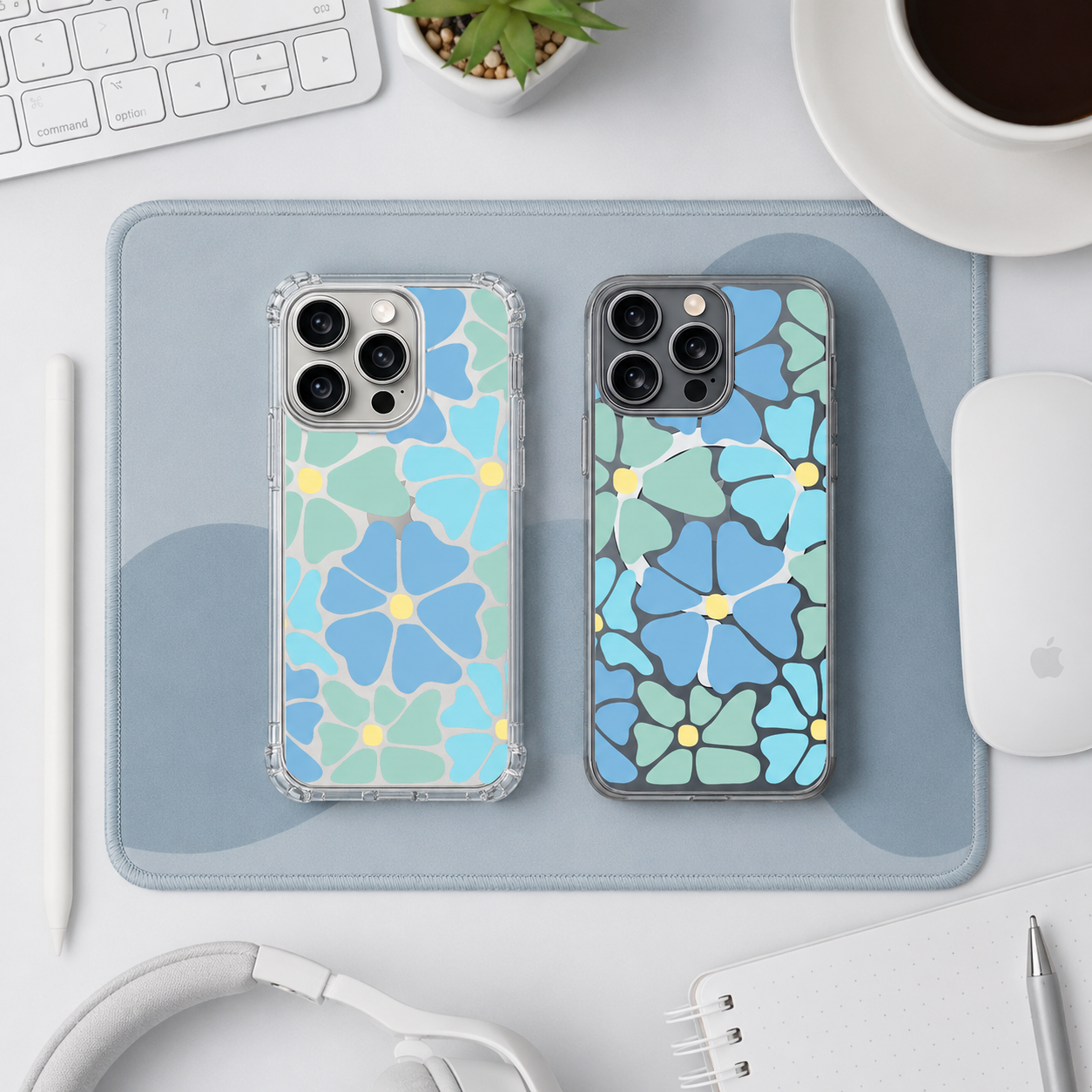 Blue Retro Flower iPhone Case , Samsung Case, Groovy Floral Clear Phone Case, MagSafe Compatible Aesthetic Flower Cover