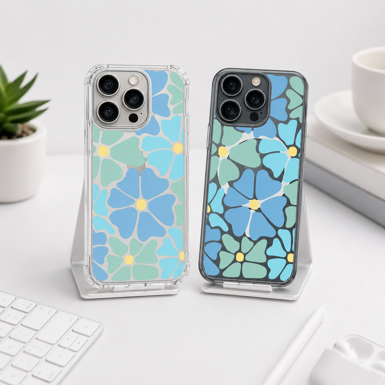 Blue Retro Flower iPhone Case , Samsung Case, Groovy Floral Clear Phone Case, MagSafe Compatible Aesthetic Flower Cover