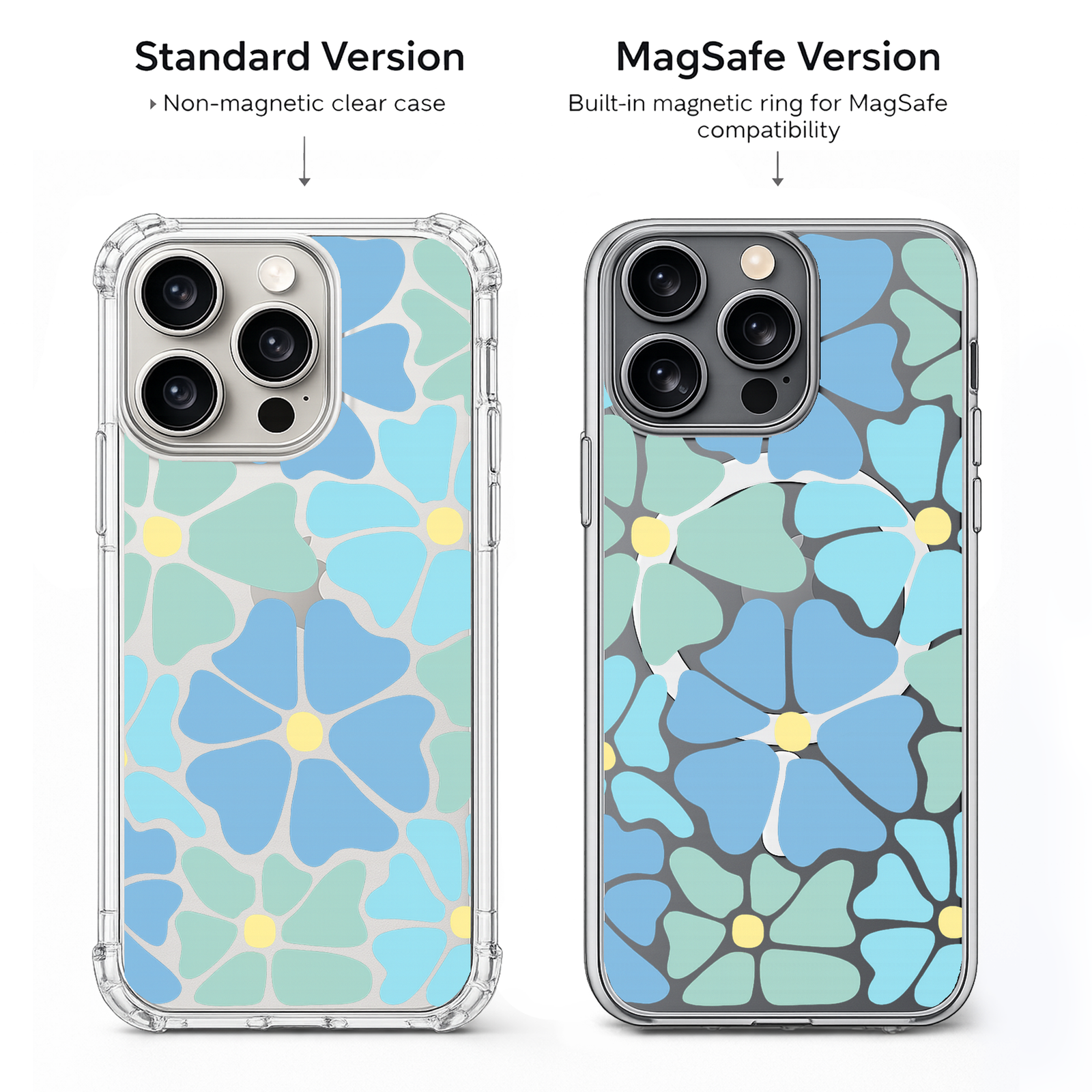 Blue Retro Flower iPhone Case , Samsung Case, Groovy Floral Clear Phone Case, MagSafe Compatible Aesthetic Flower Cover