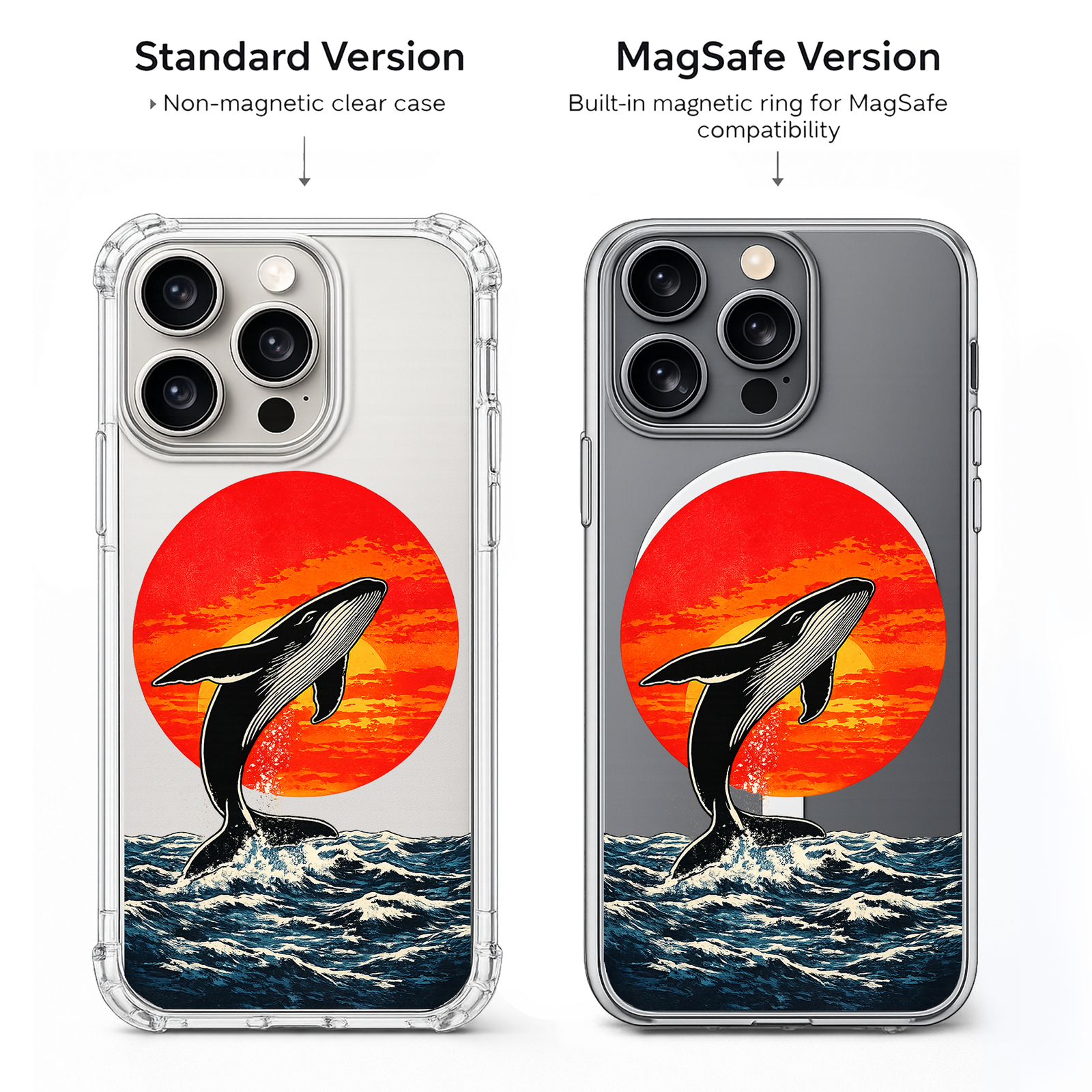 Whale Sunset iPhone Case , Samsung Case, Ocean Animal Clear Phone Case, MagSafe Compatible Aesthetic Whale Cover