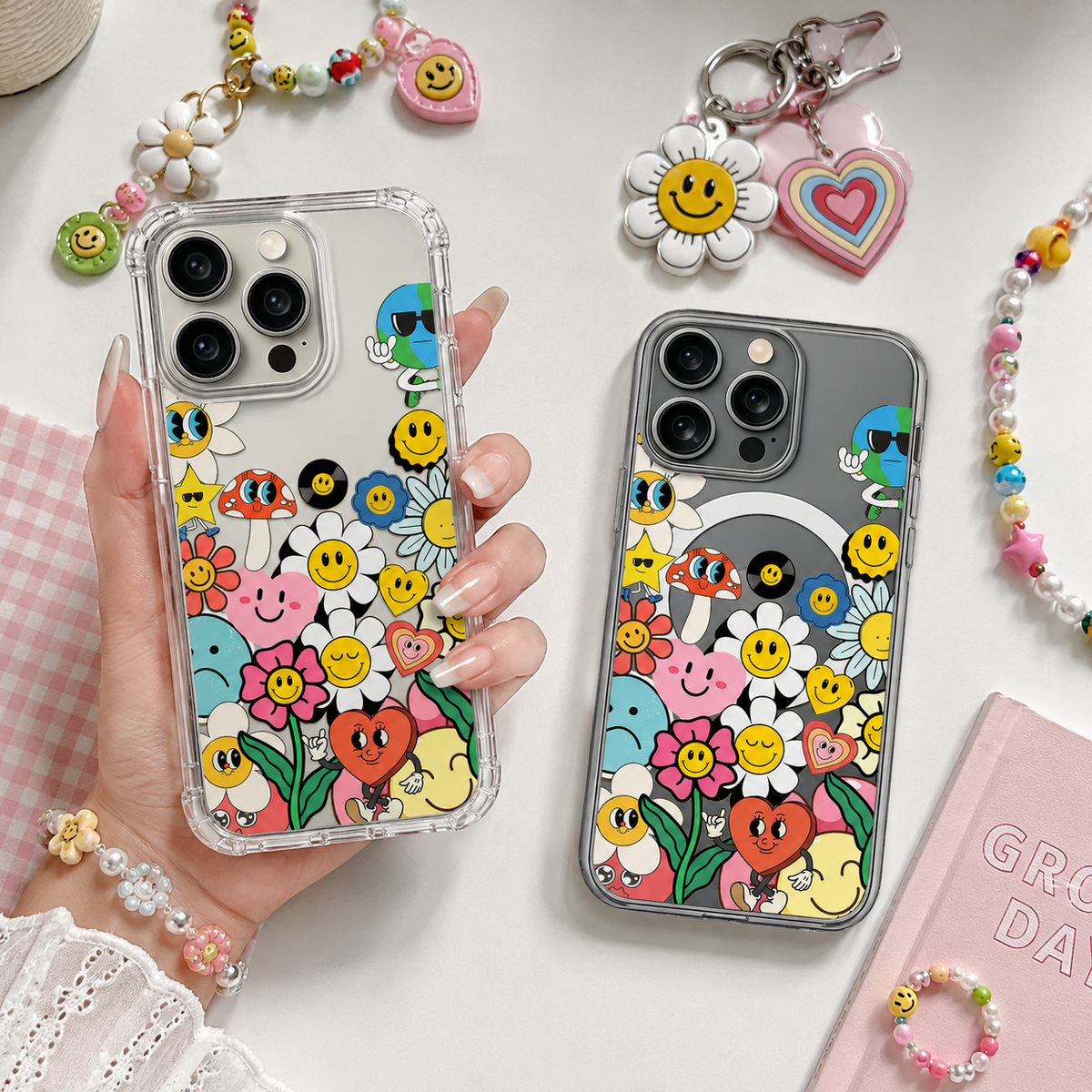 Retro Smiley Doodle iPhone Case , Samsung Case, Cute Y2K Sticker Clear Phone Case, MagSafe Compatible Happy Aesthetic Cover