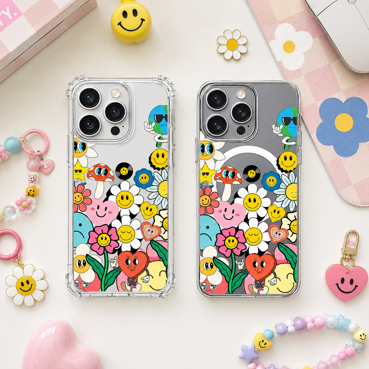 Retro Smiley Doodle iPhone Case , Samsung Case, Cute Y2K Sticker Clear Phone Case, MagSafe Compatible Happy Aesthetic Cover