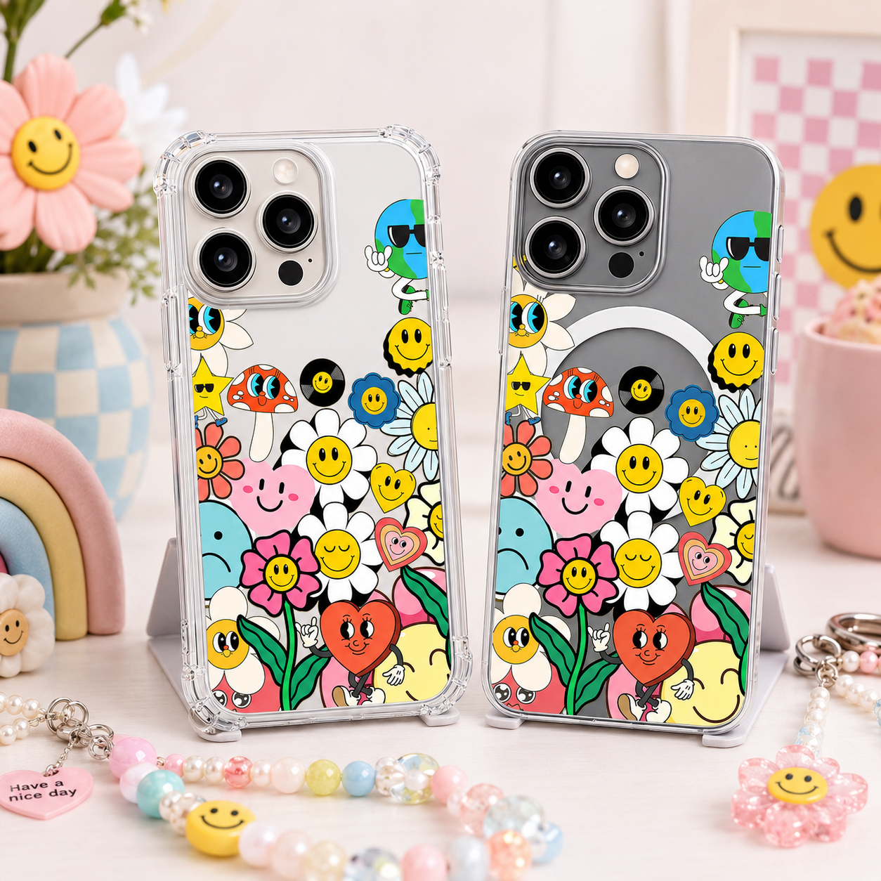 Retro Smiley Doodle iPhone Case , Samsung Case, Cute Y2K Sticker Clear Phone Case, MagSafe Compatible Happy Aesthetic Cover