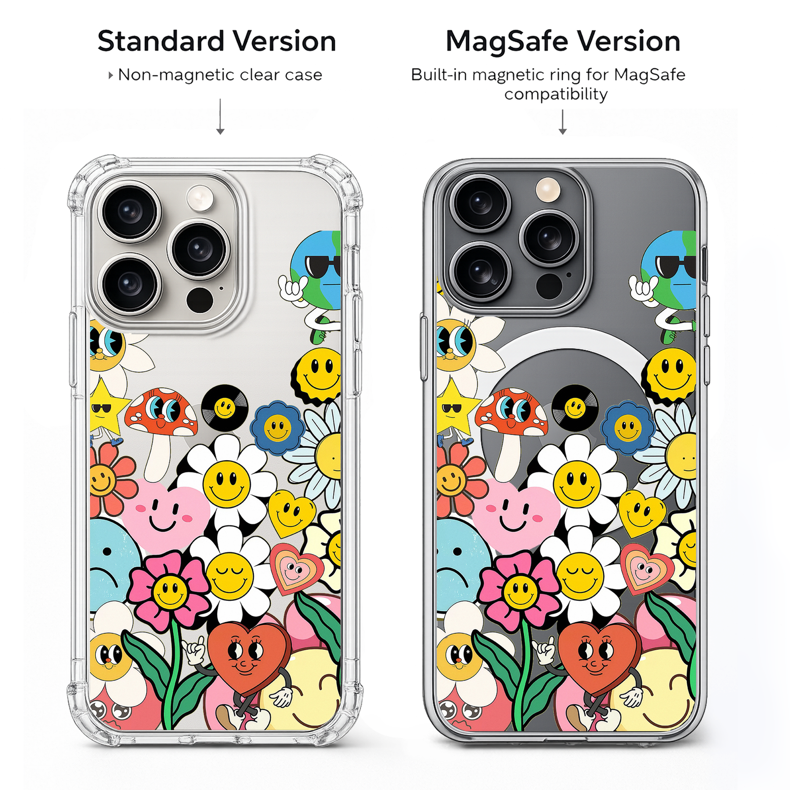 Retro Smiley Doodle iPhone Case , Samsung Case, Cute Y2K Sticker Clear Phone Case, MagSafe Compatible Happy Aesthetic Cover