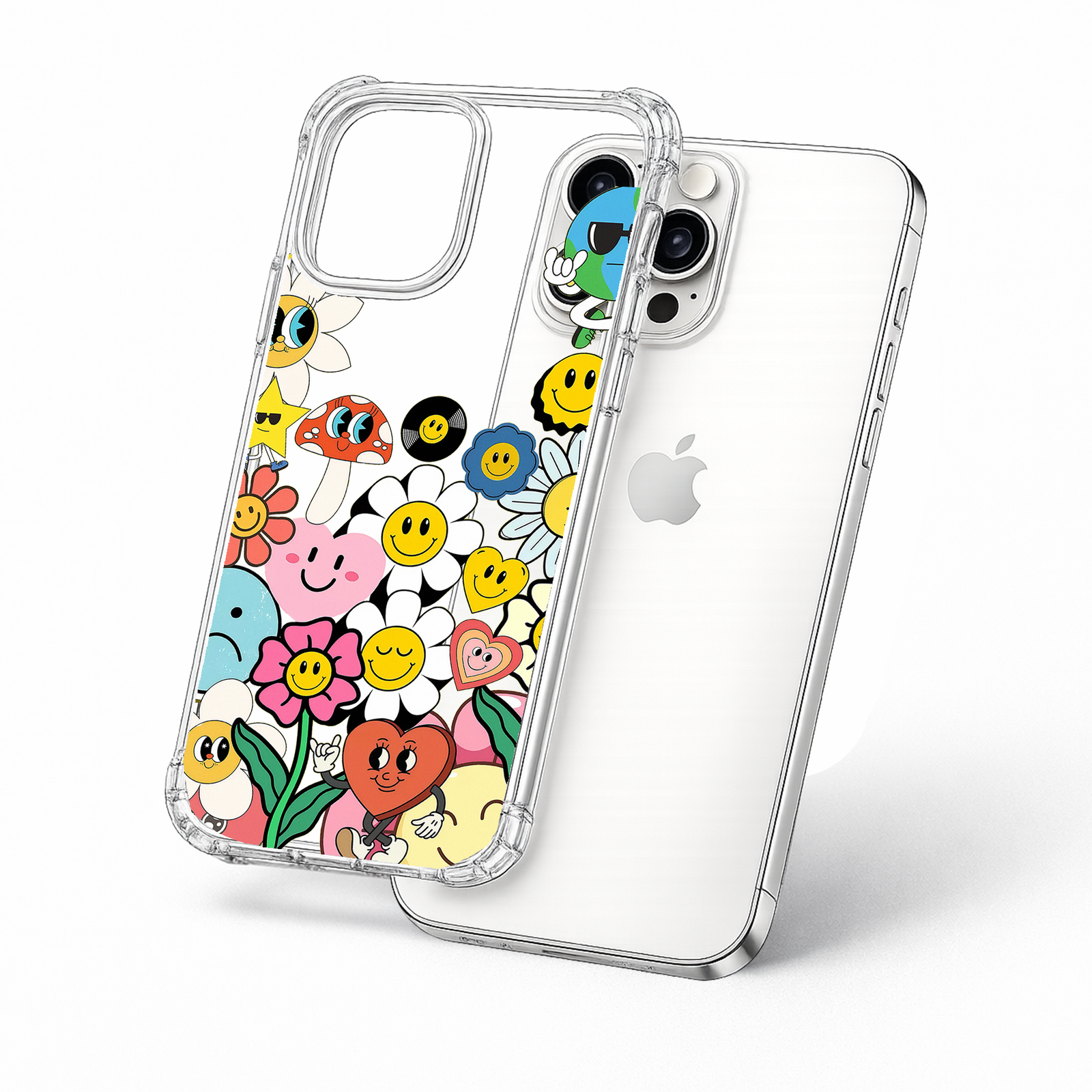 Retro Smiley Doodle iPhone Case , Samsung Case, Cute Y2K Sticker Clear Phone Case, MagSafe Compatible Happy Aesthetic Cover