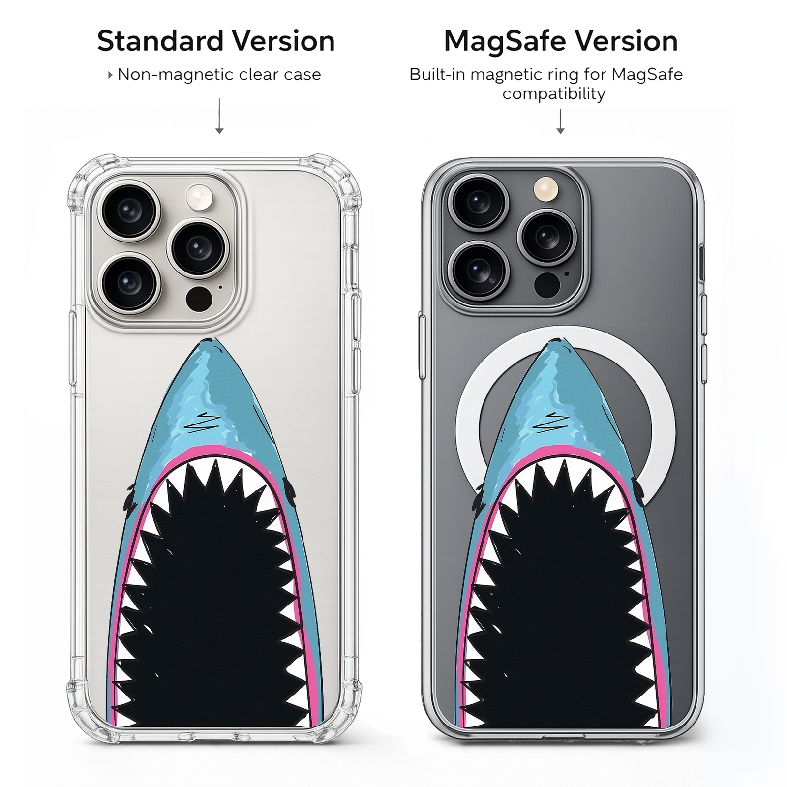 Funny Shark Mouth iPhone Case , Samsung Case, Bold Ocean Animal Clear Phone Case, MagSafe Compatible Cool Shark Cover