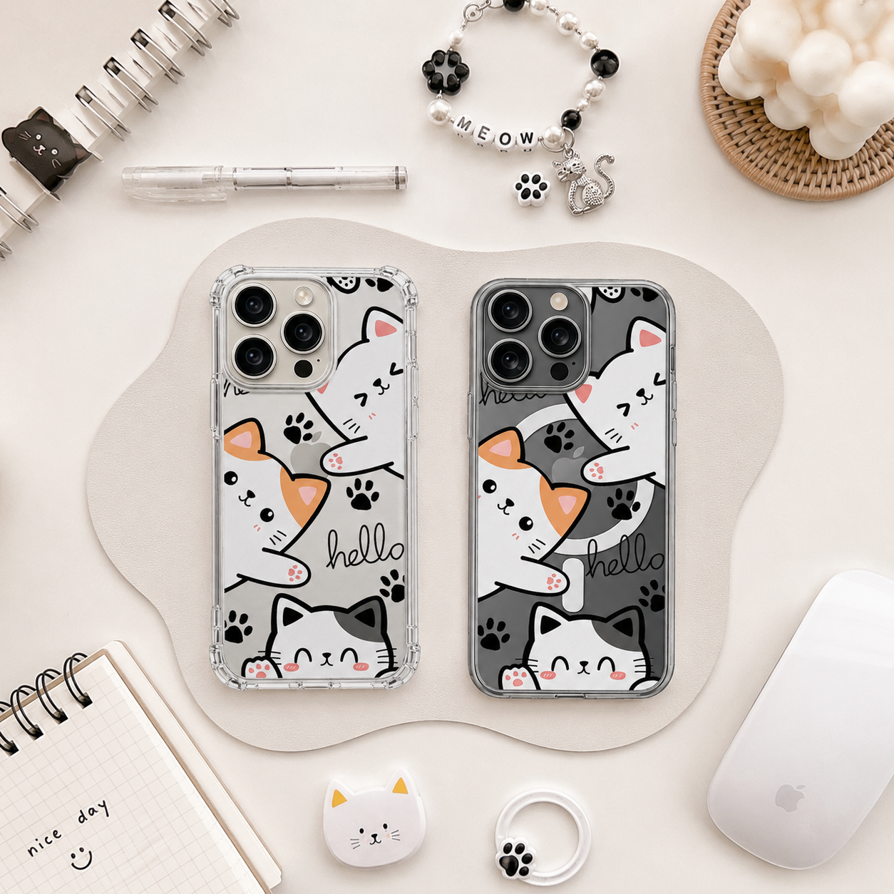 Cute Kawaii Cats iPhone Case , Samsung Case, Cartoon Cat Clear Phone Case, MagSafe Compatible Kitty Lover Cover
