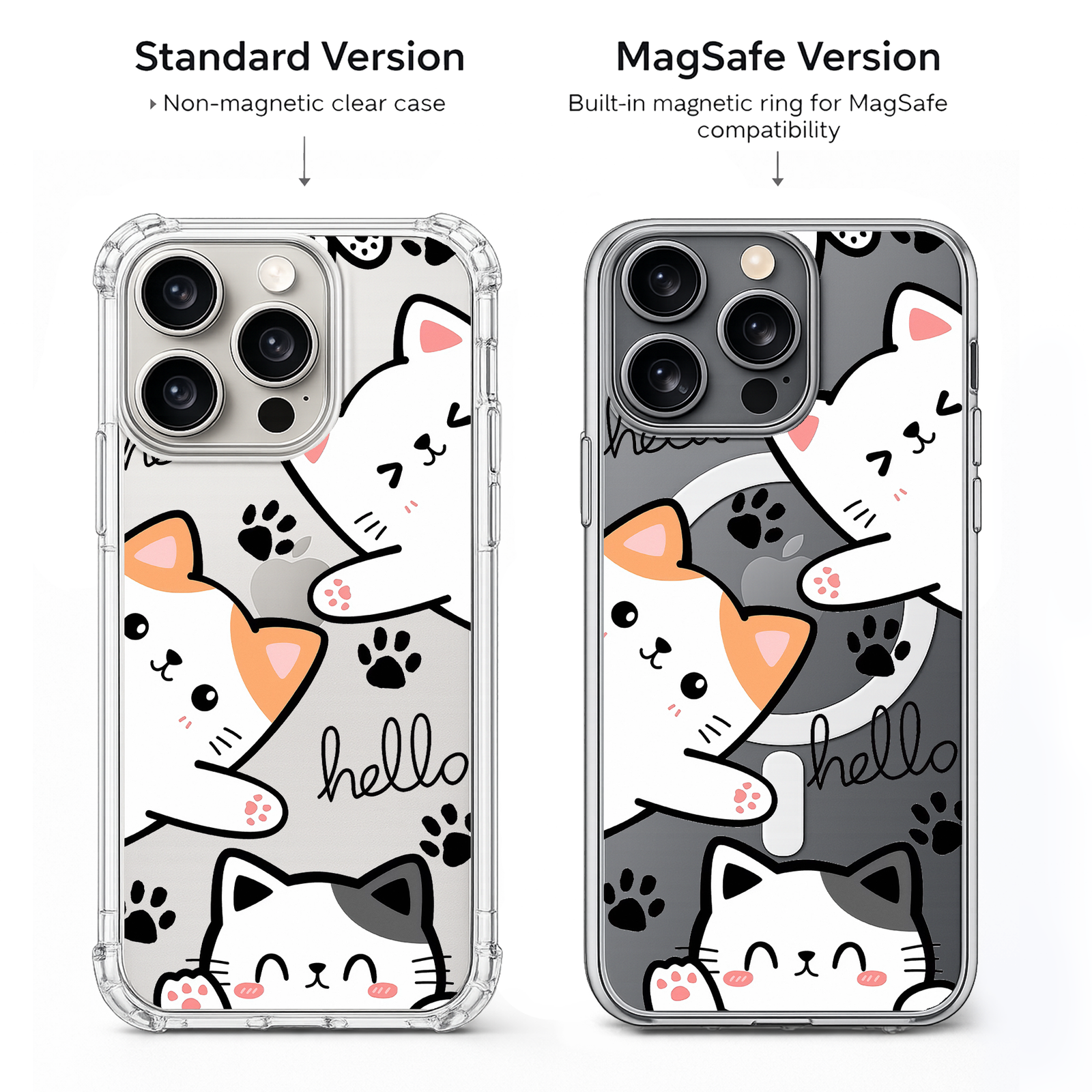 Cute Kawaii Cats iPhone Case , Samsung Case, Cartoon Cat Clear Phone Case, MagSafe Compatible Kitty Lover Cover