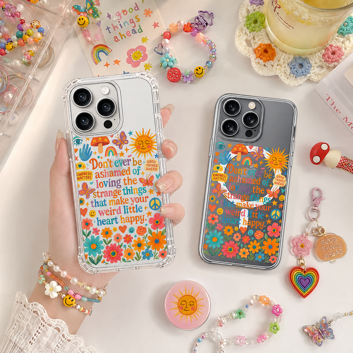 Weird Little Heart Happy iPhone Case , Samsung Case, Colorful Motivational Clear Phone Case, MagSafe Compatible Positive Quote Cover