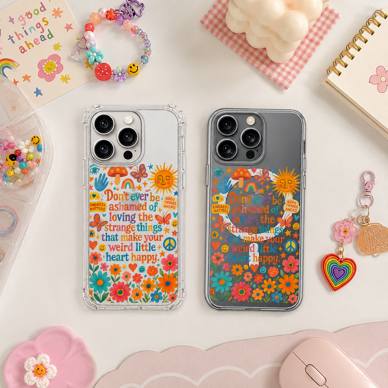 Weird Little Heart Happy iPhone Case , Samsung Case, Colorful Motivational Clear Phone Case, MagSafe Compatible Positive Quote Cover
