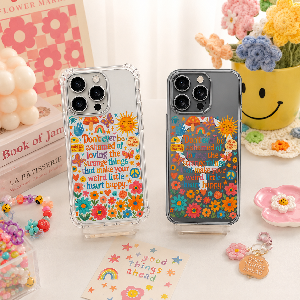 Weird Little Heart Happy iPhone Case , Samsung Case, Colorful Motivational Clear Phone Case, MagSafe Compatible Positive Quote Cover