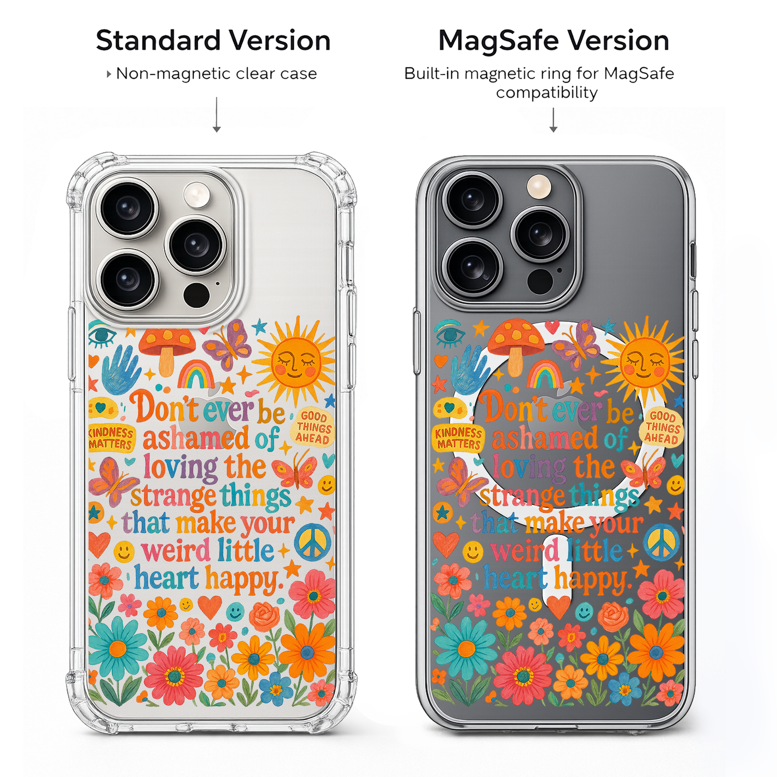 Weird Little Heart Happy iPhone Case , Samsung Case, Colorful Motivational Clear Phone Case, MagSafe Compatible Positive Quote Cover