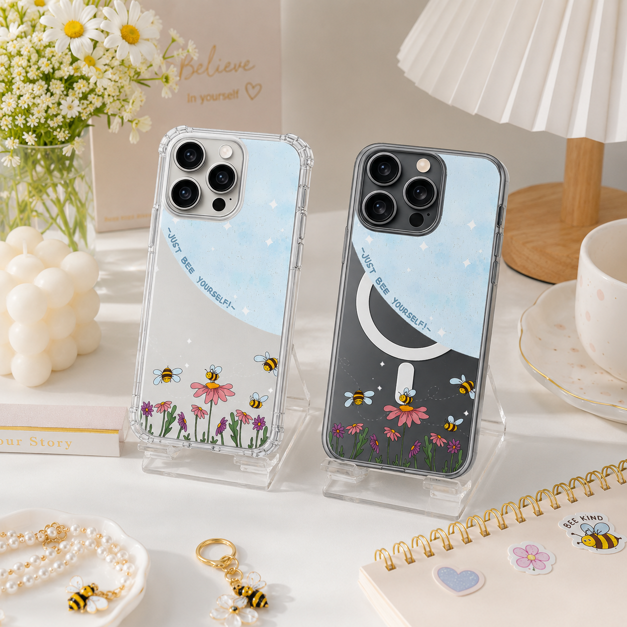 Bee Yourself iPhone Case , Samsung Case, Cute Bee Floral Clear Phone Case, MagSafe Compatible Positive Nature Cover