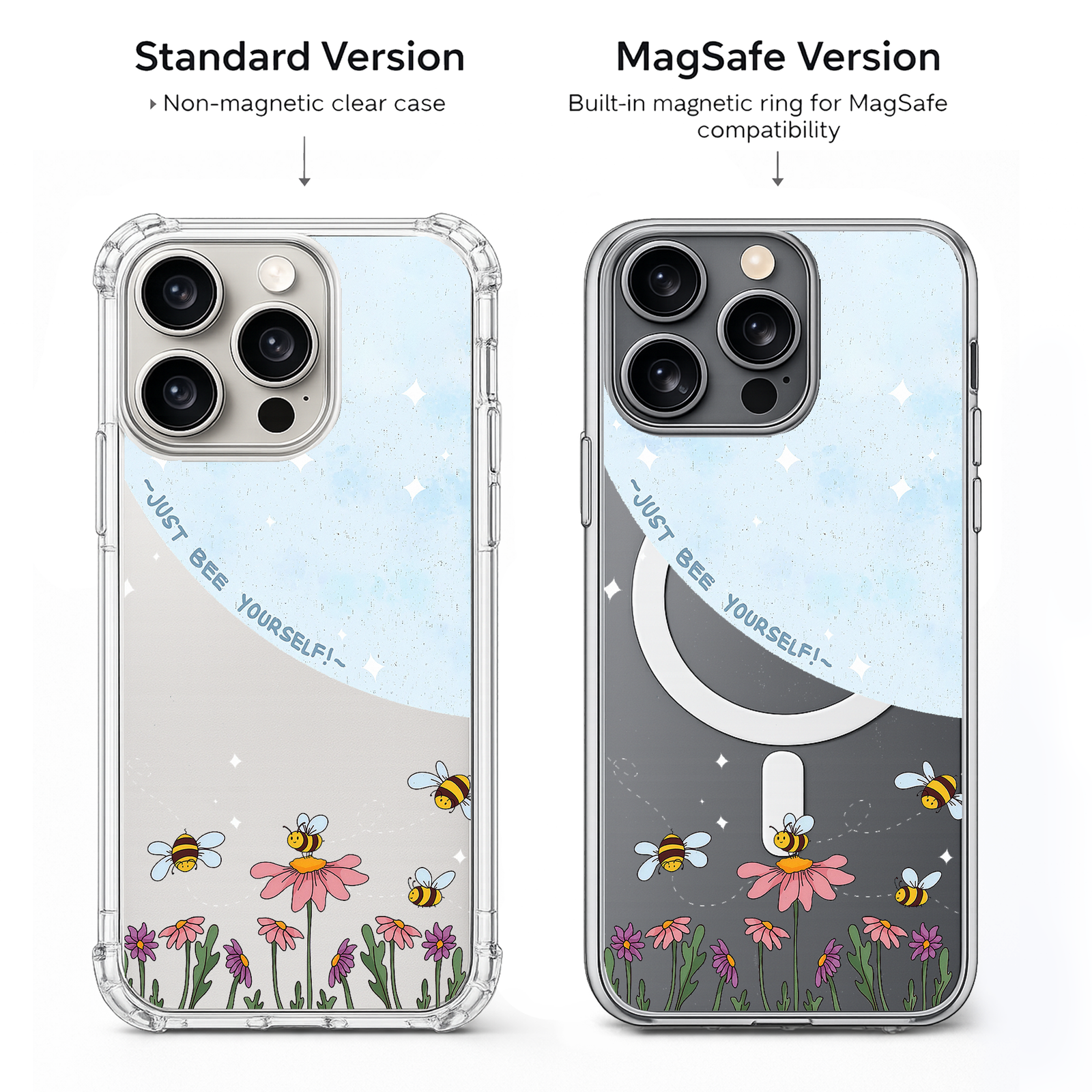 Bee Yourself iPhone Case , Samsung Case, Cute Bee Floral Clear Phone Case, MagSafe Compatible Positive Nature Cover