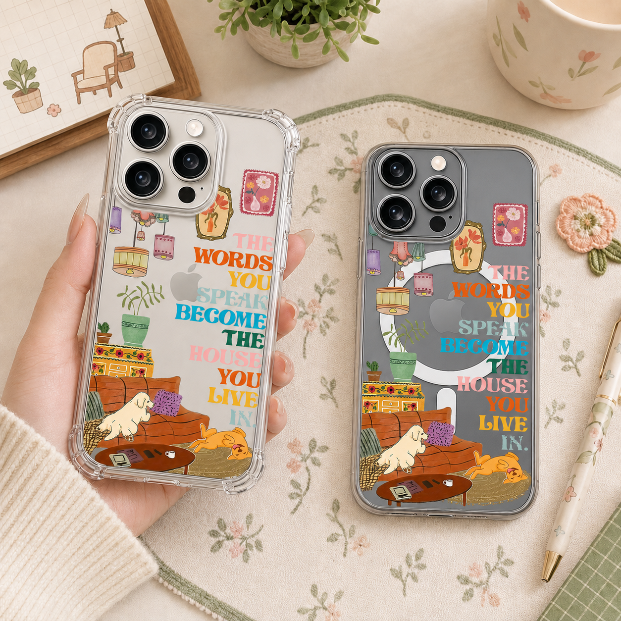 Cozy Living Room Quote iPhone Case , Samsung Case, Retro Home Decor Clear Phone Case, MagSafe Compatible Cozy Aesthetic Cover