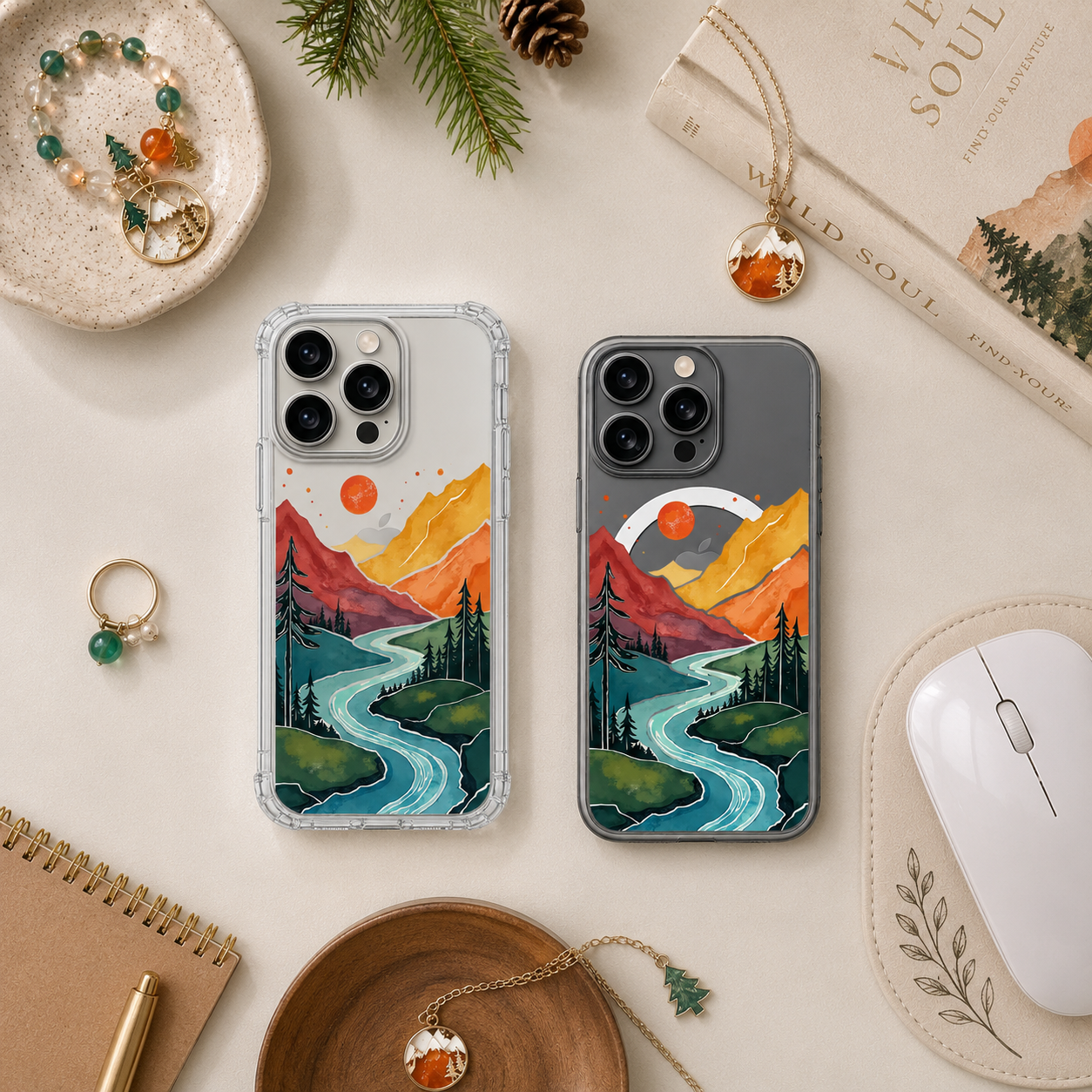 Mountain River Landscape iPhone Case , Samsung Case, Scenic Nature Clear Phone Case, MagSafe Compatible Adventure Art Cover