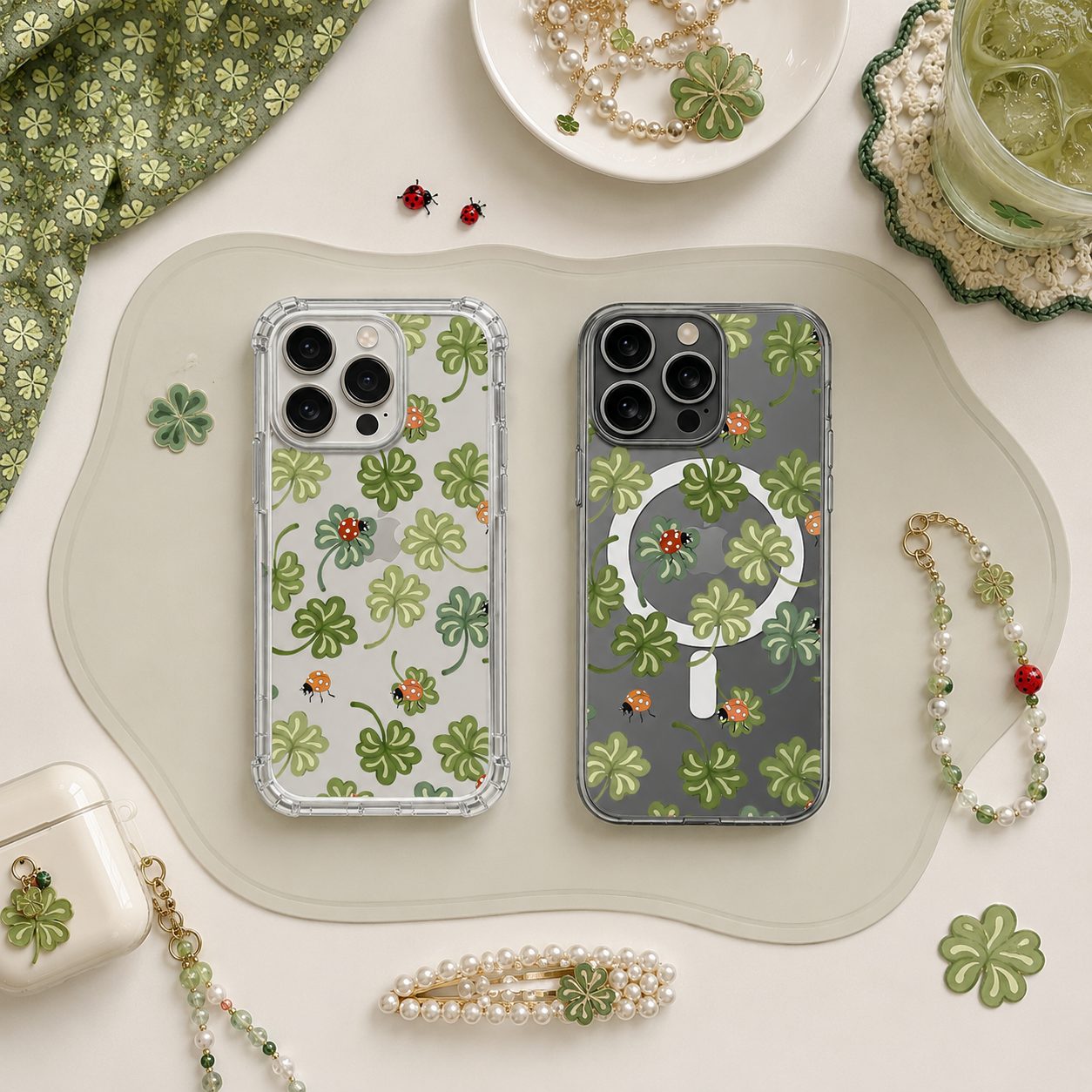 Lucky Clover Ladybug iPhone Case , Samsung Case, Cute St Patrick Clear Phone Case, MagSafe Compatible Lucky Charm Cover