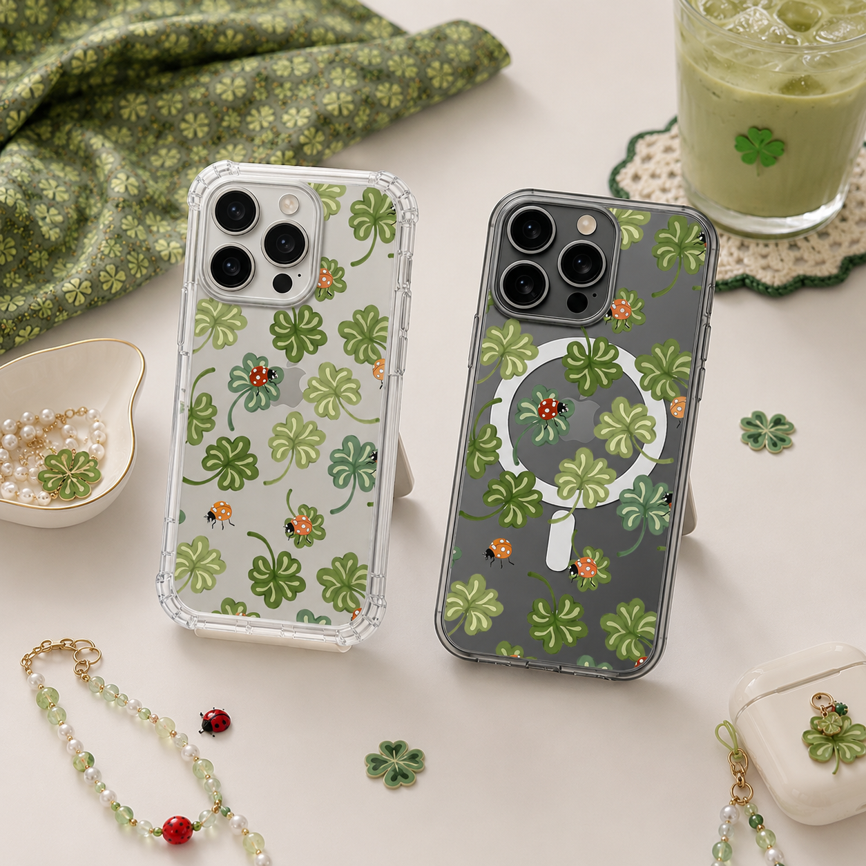 Lucky Clover Ladybug iPhone Case , Samsung Case, Cute St Patrick Clear Phone Case, MagSafe Compatible Lucky Charm Cover