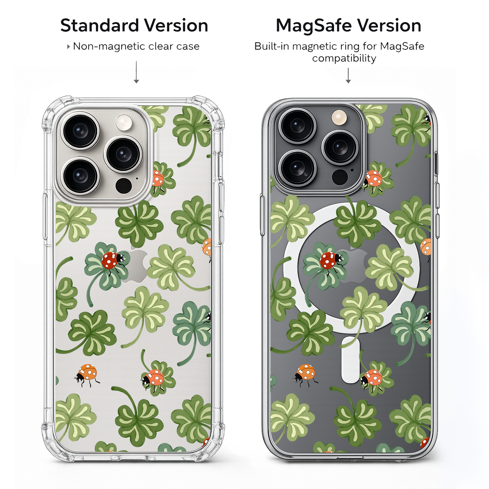 Lucky Clover Ladybug iPhone Case , Samsung Case, Cute St Patrick Clear Phone Case, MagSafe Compatible Lucky Charm Cover