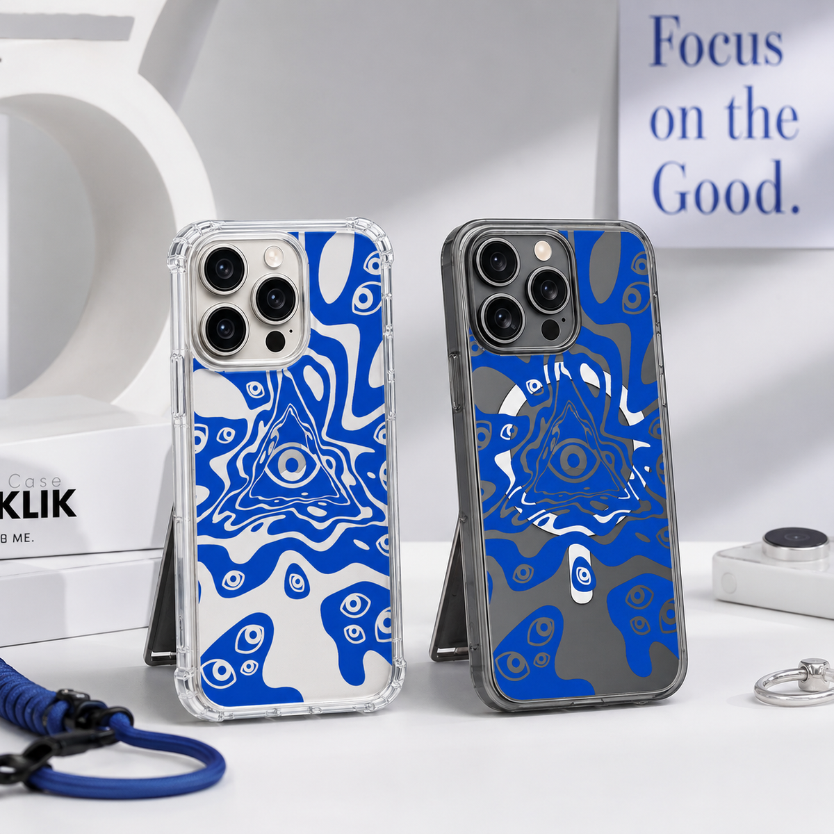Evil Eye Abstract iPhone Case , Samsung Case, Blue Mystical Eye Clear Phone Case, MagSafe Compatible Psychedelic Cover