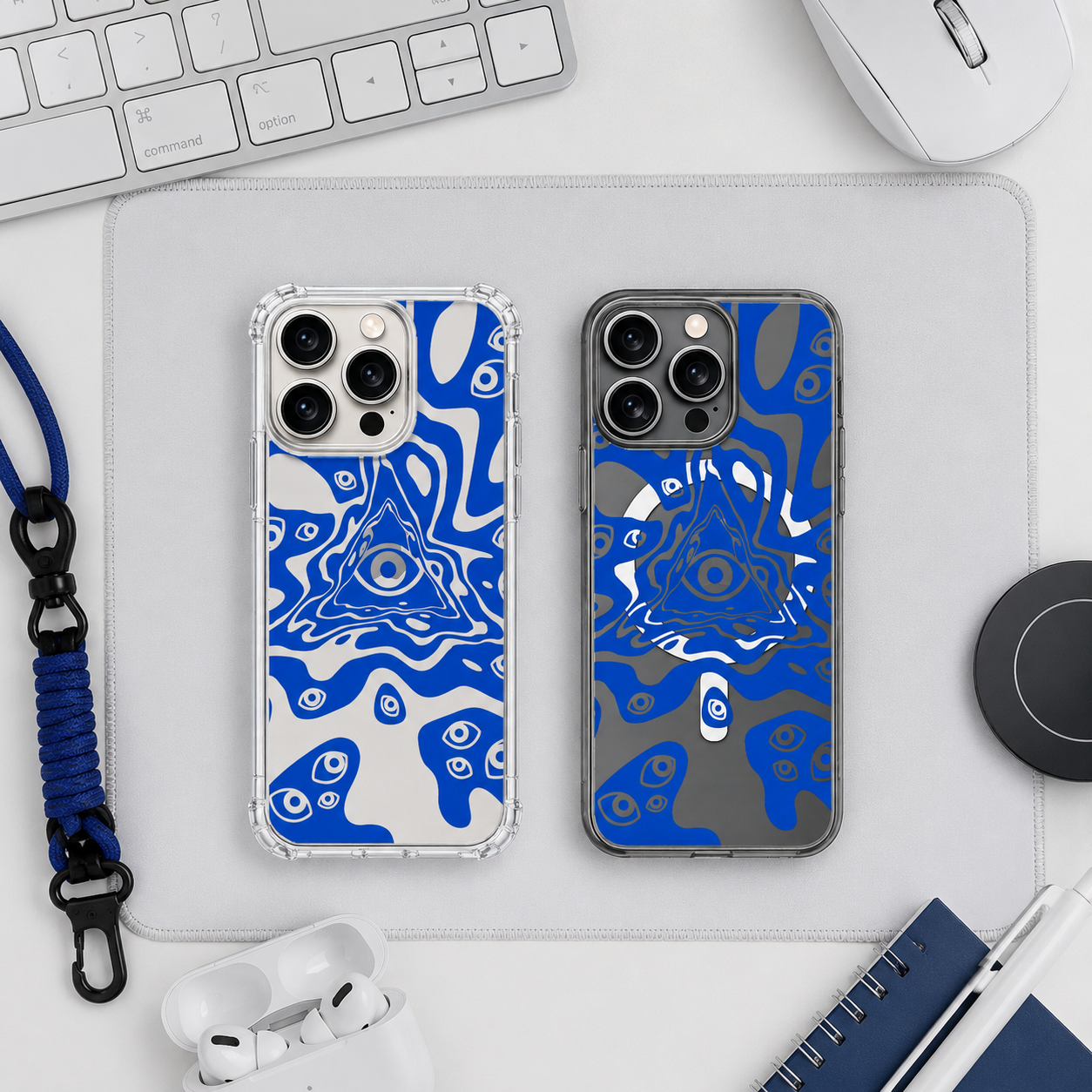 Evil Eye Abstract iPhone Case , Samsung Case, Blue Mystical Eye Clear Phone Case, MagSafe Compatible Psychedelic Cover