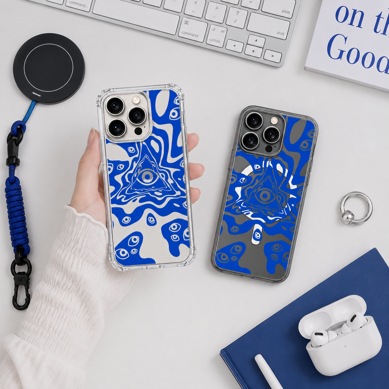 Evil Eye Abstract iPhone Case , Samsung Case, Blue Mystical Eye Clear Phone Case, MagSafe Compatible Psychedelic Cover