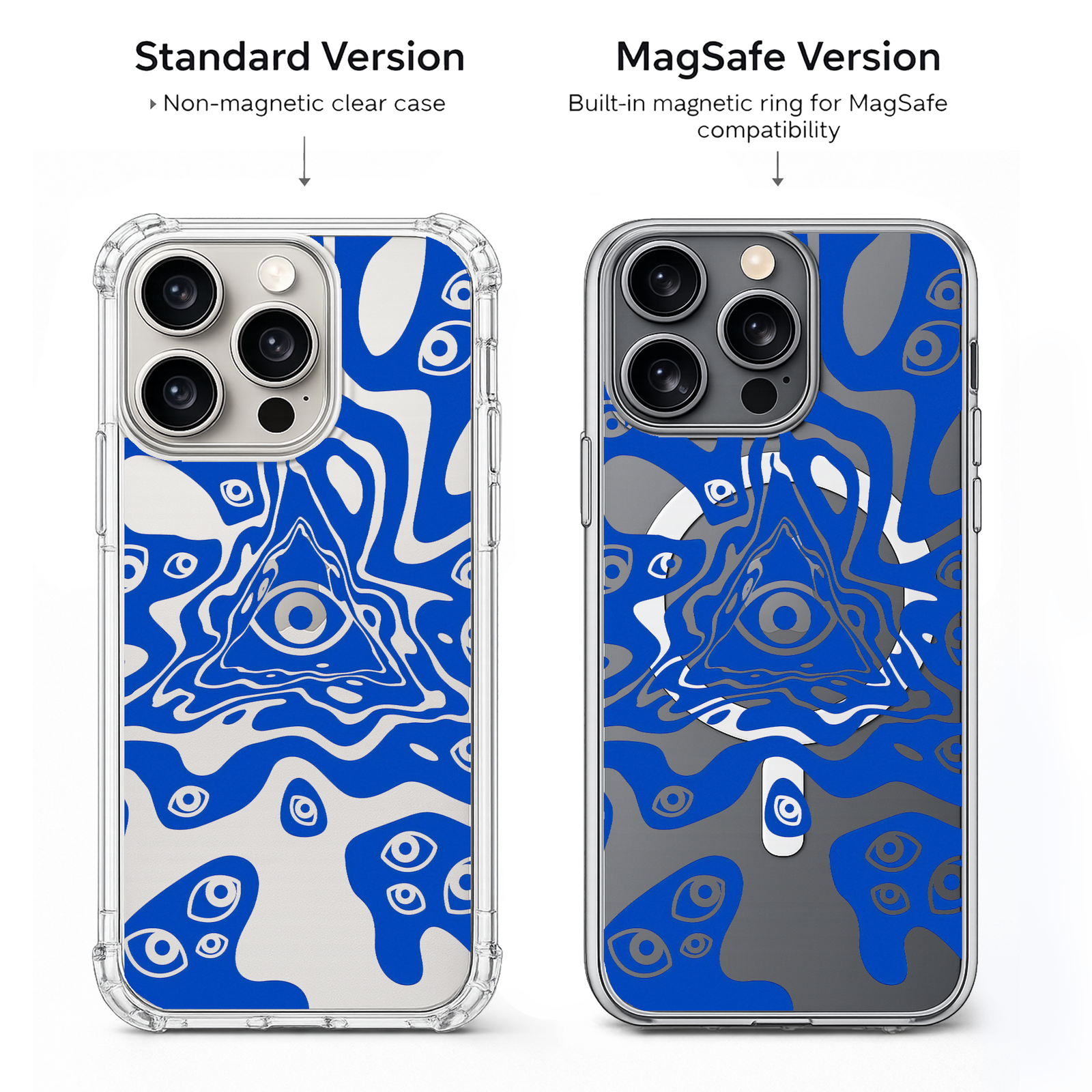 Evil Eye Abstract iPhone Case , Samsung Case, Blue Mystical Eye Clear Phone Case, MagSafe Compatible Psychedelic Cover