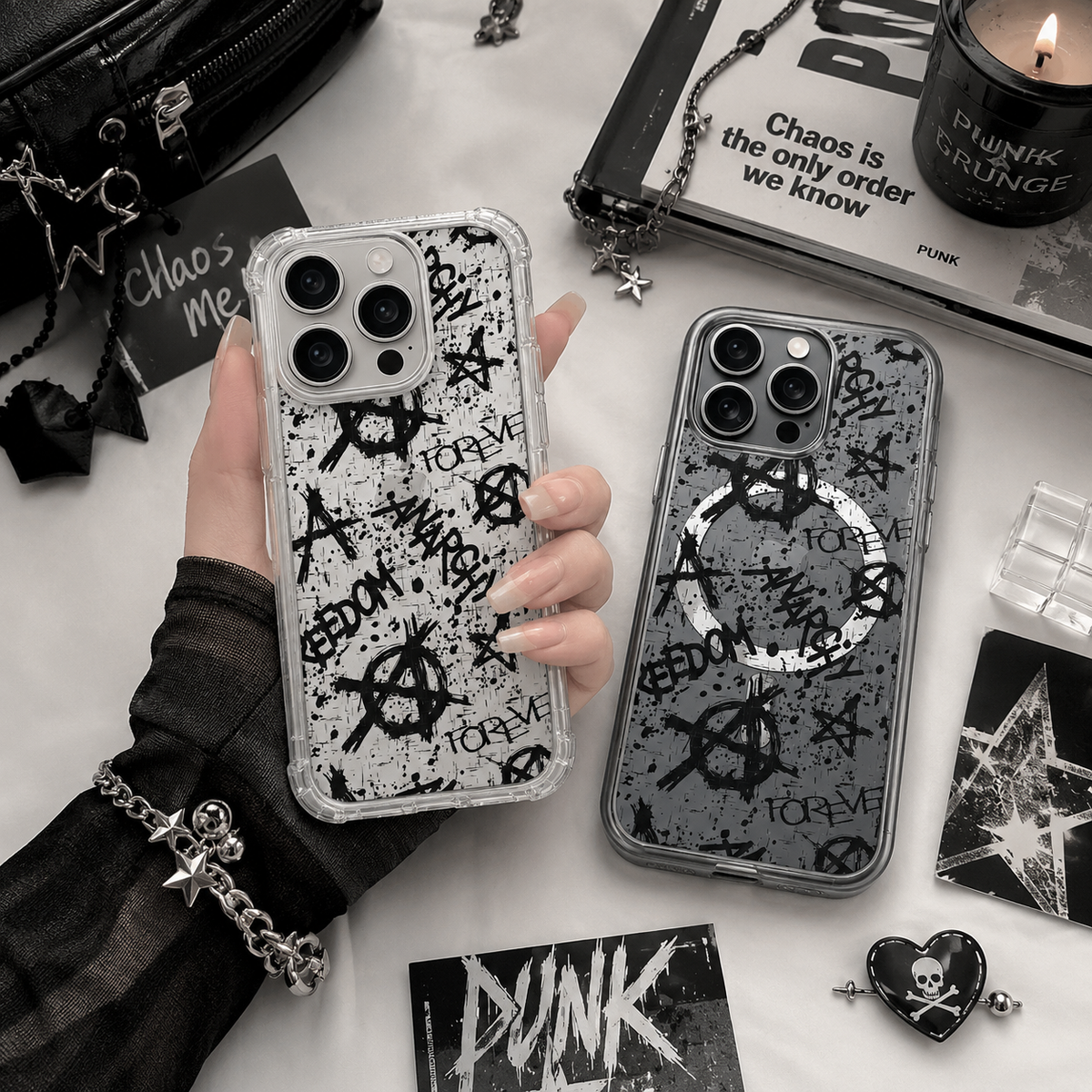 Punk Graffiti Anarchy iPhone Case , Samsung Case, Grunge Rebel Clear Phone Case, MagSafe Compatible Street Art Cover