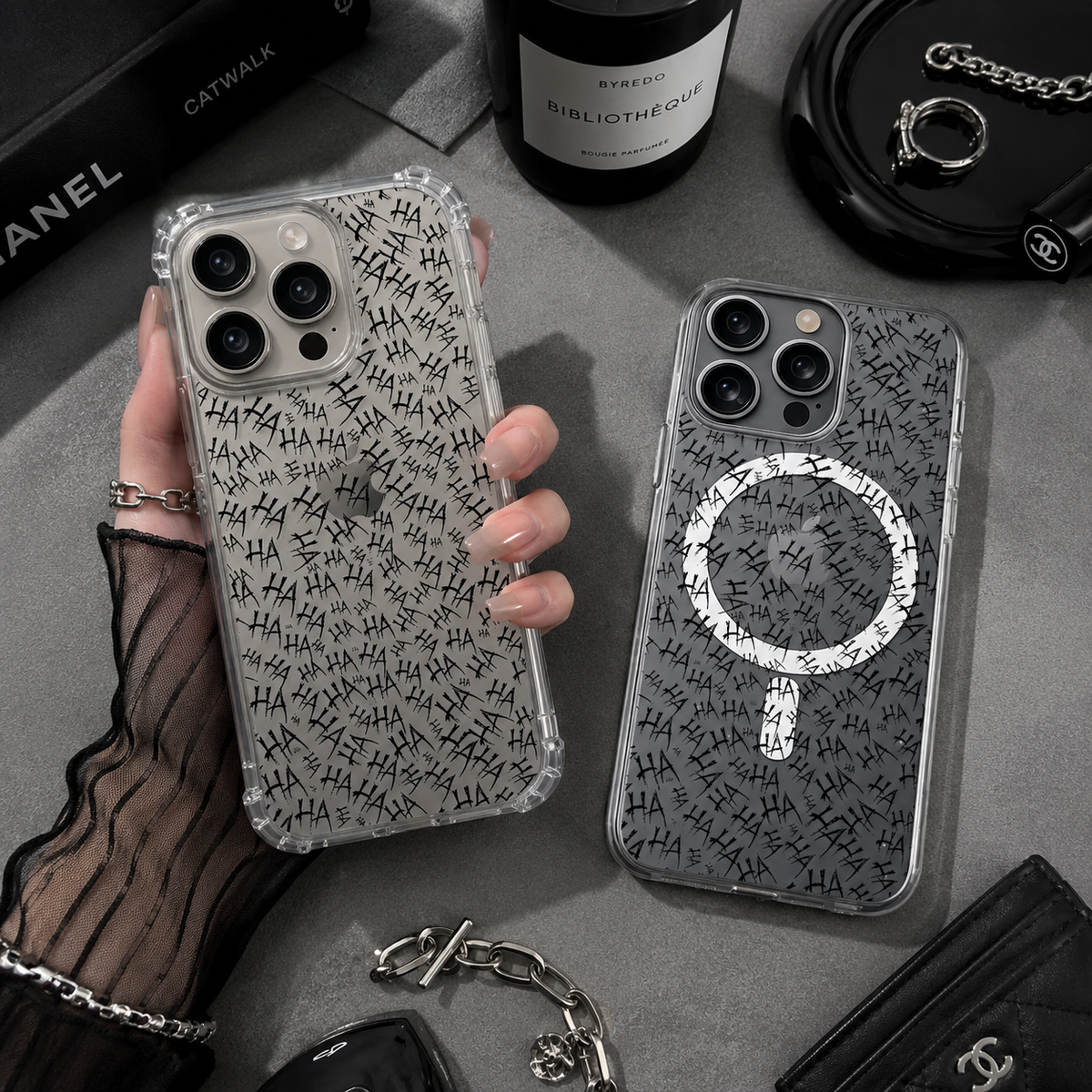 Creepy HA Pattern iPhone Case , Samsung Case, Dark Horror Typography Clear Phone Case, MagSafe Compatible Gothic Cover