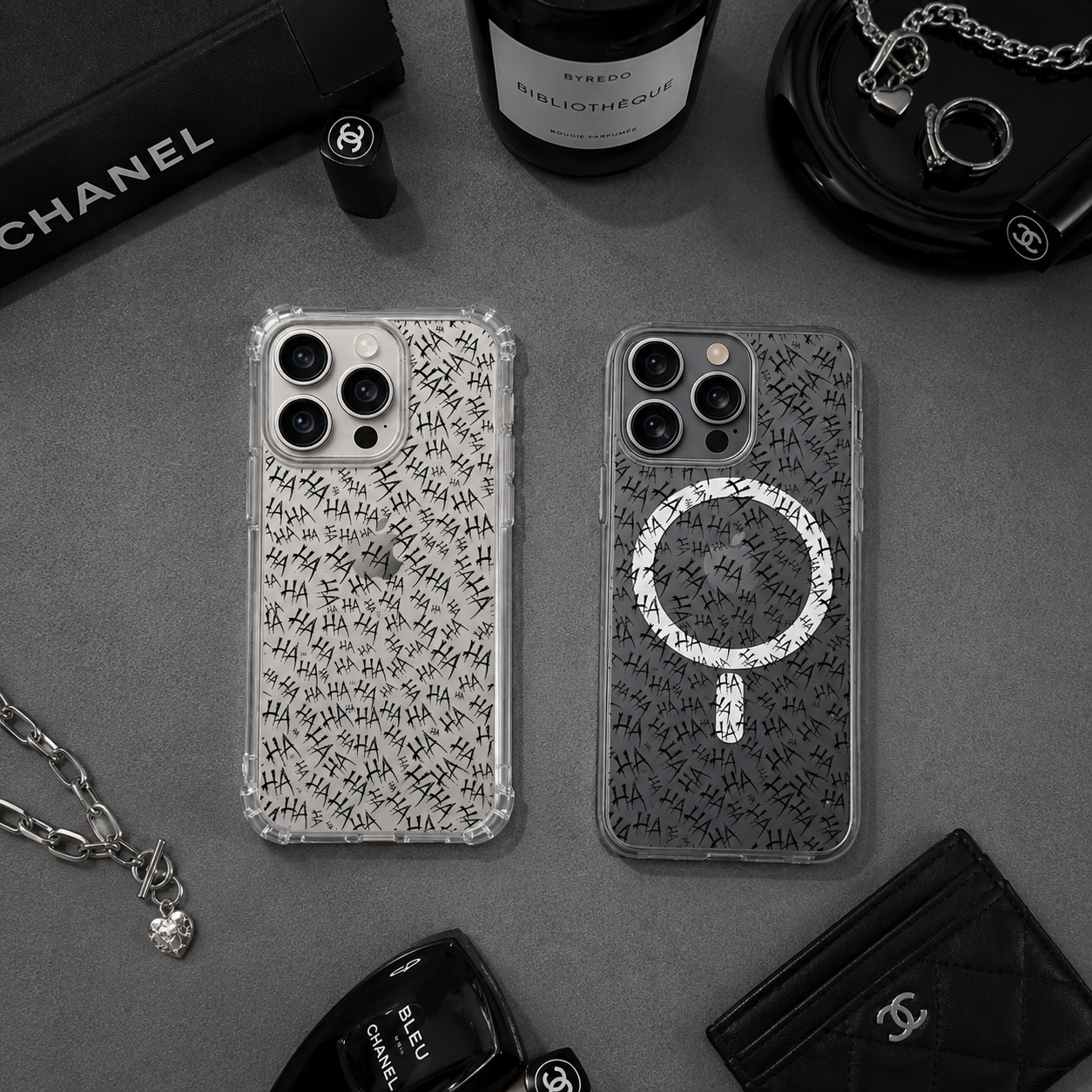 Creepy HA Pattern iPhone Case , Samsung Case, Dark Horror Typography Clear Phone Case, MagSafe Compatible Gothic Cover