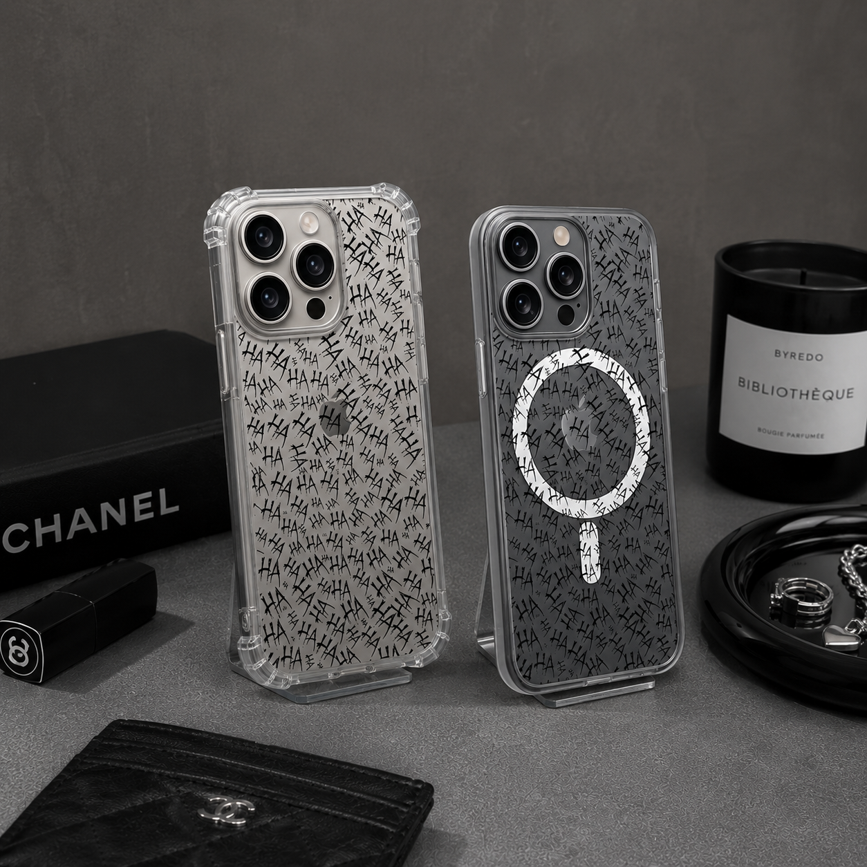 Creepy HA Pattern iPhone Case , Samsung Case, Dark Horror Typography Clear Phone Case, MagSafe Compatible Gothic Cover